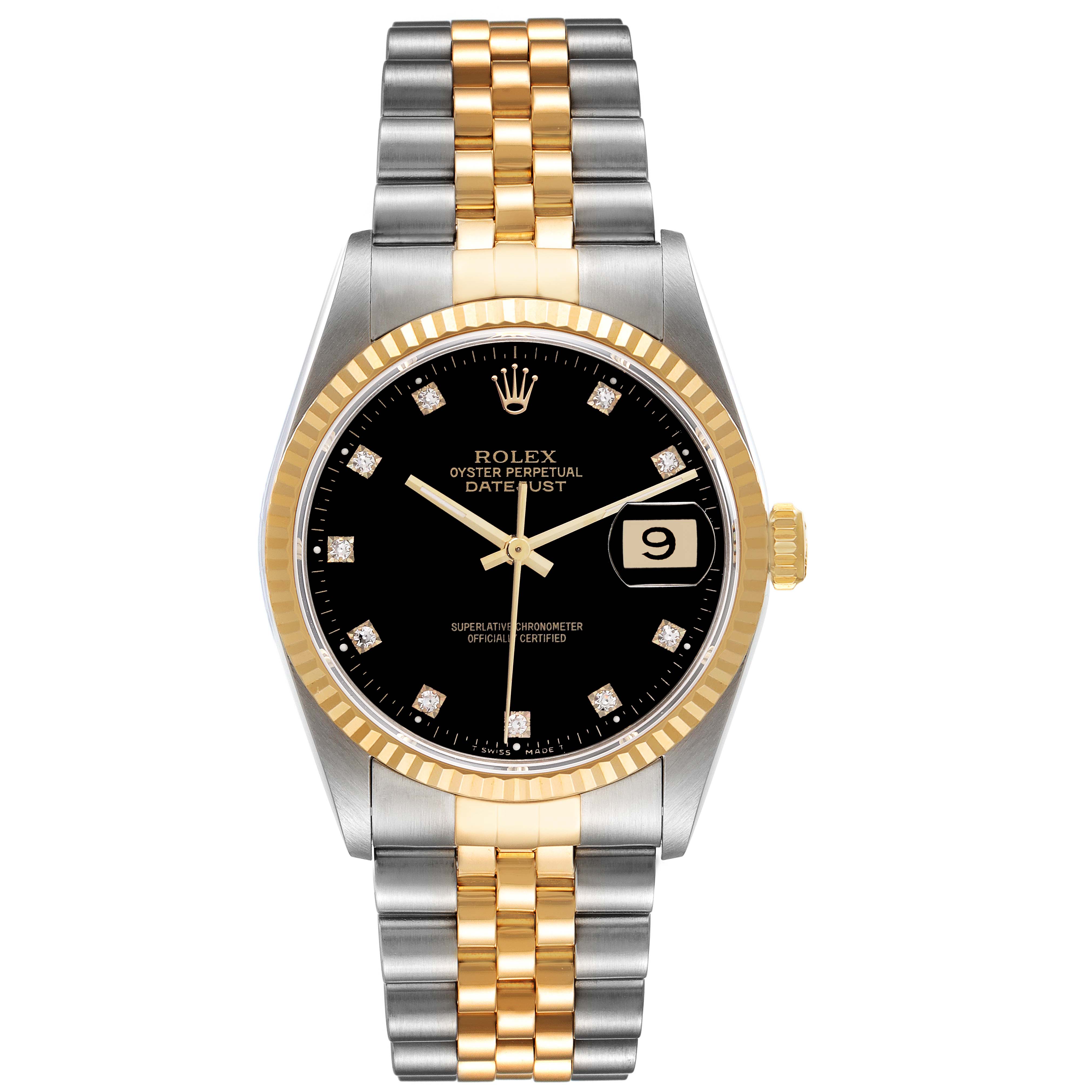 The image shows a front view of the Rolex Datejust 16233 Men's Steel and Gold (two tone) Black Dial 16233 Men's Steel and Gold (two tone) Black Dial watch, highlighting its two-tone bracelet, black dial, and date display.