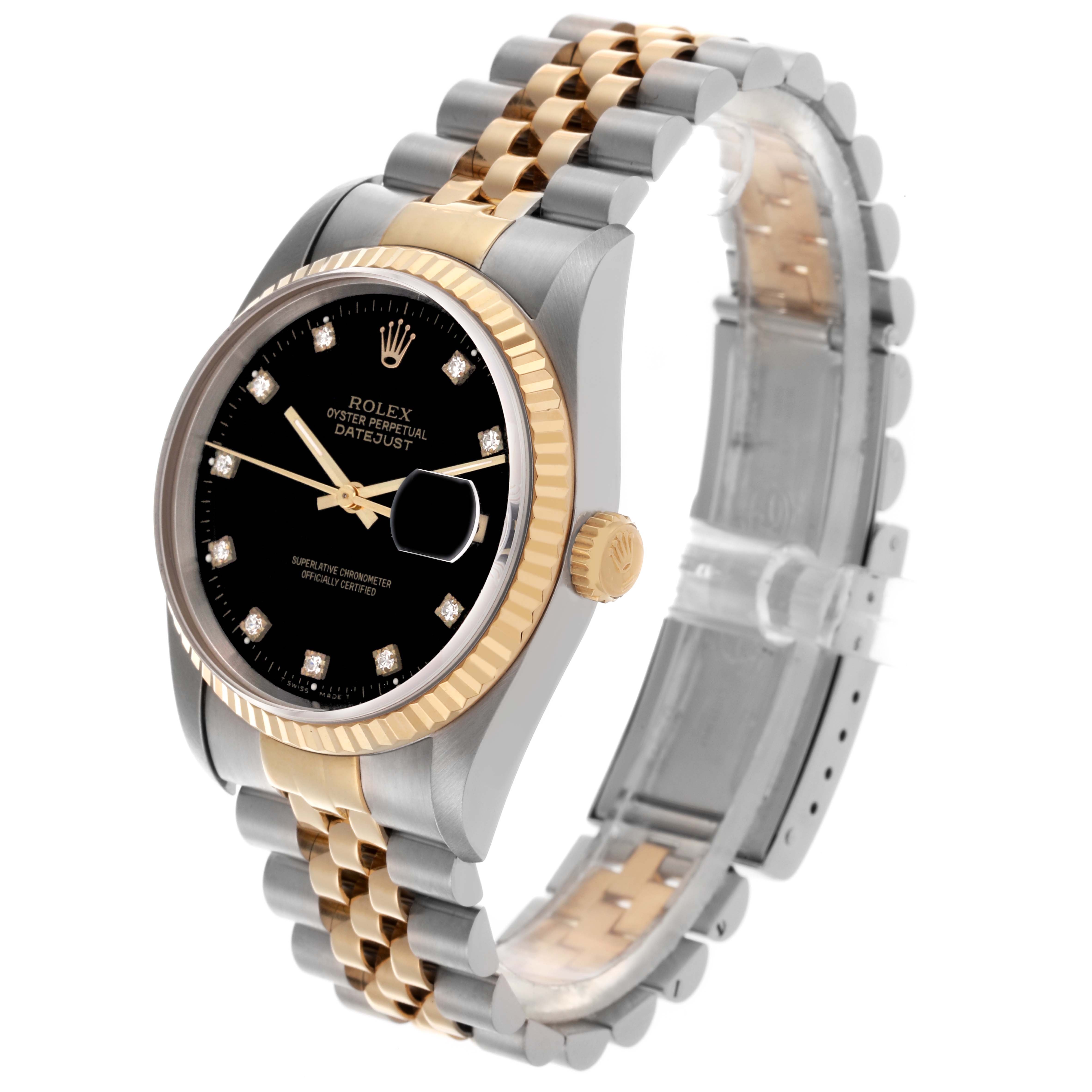 The Rolex Datejust 16233 Men's Steel and Gold (two tone) Black Dial 16233 Men's Steel and Gold (two tone) Black Dial watch is shown at an angled view, featuring the face, bezel, crown, and two-tone bracelet.