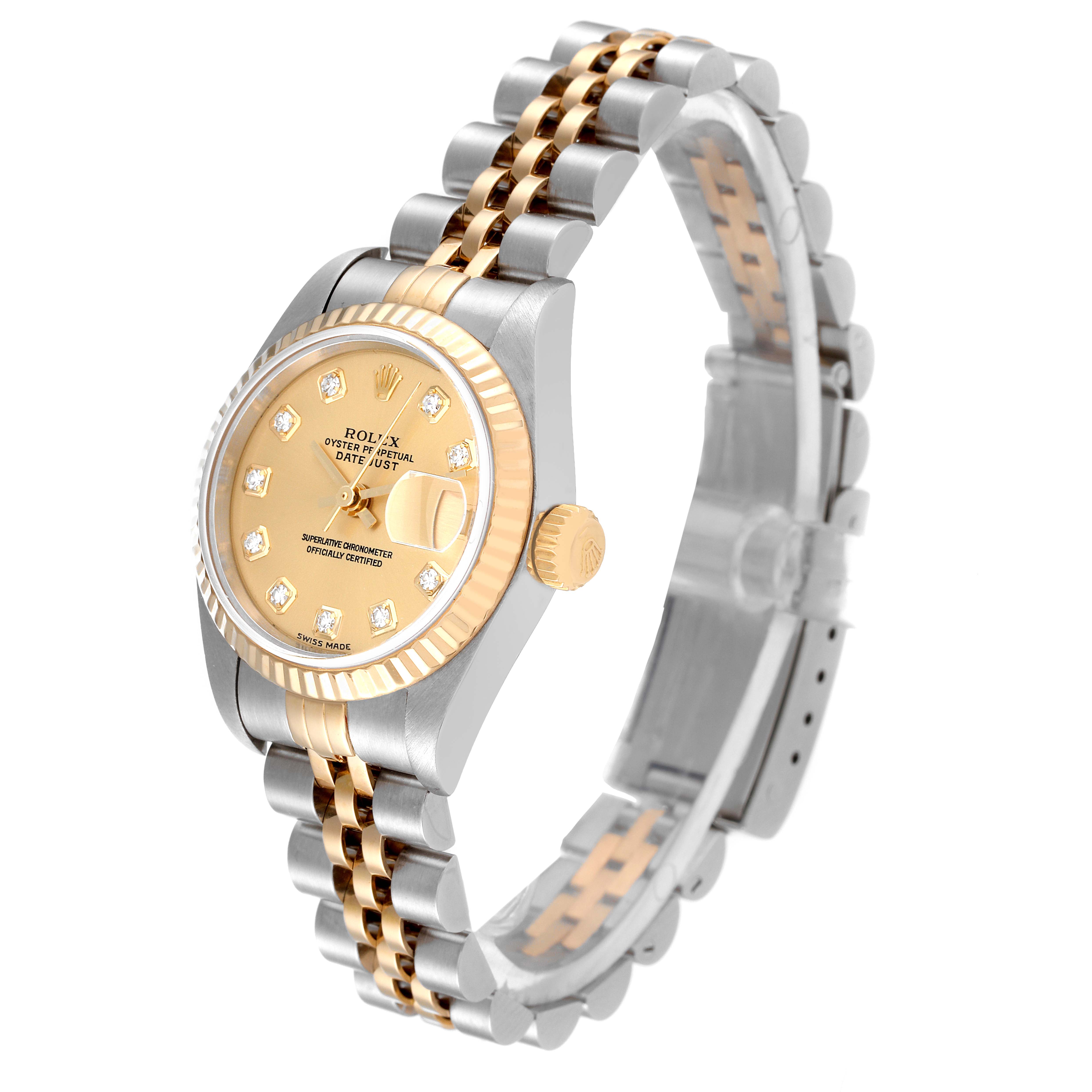 This image shows a side angle of the Rolex Datejust 79173 Women's Steel and Gold (two tone) Champagne Dial 79173 Women's Steel and Gold (two tone) Champagne Dial watch, highlighting its dial, bezel, case, and two-tone bracelet.
