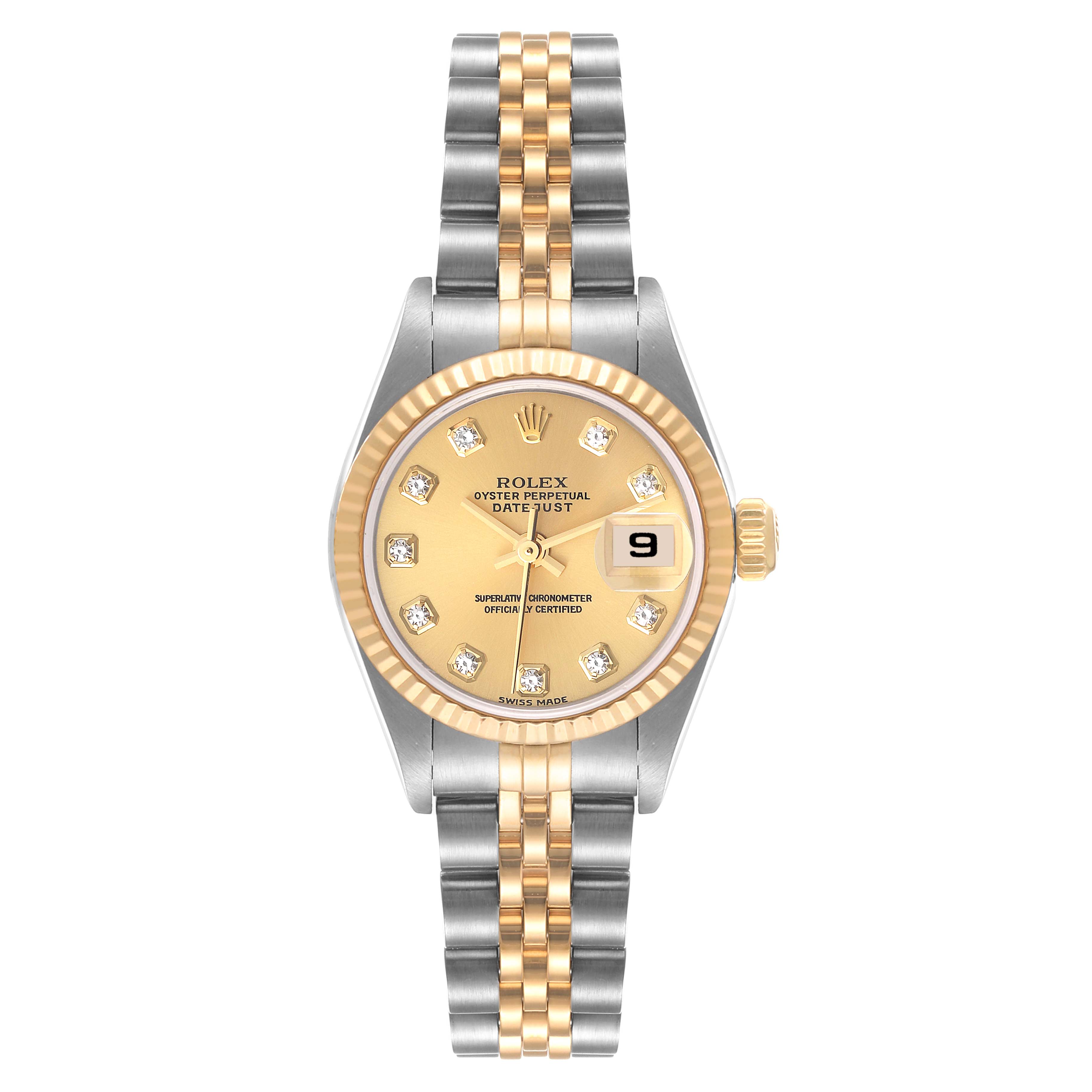 The image shows a Rolex Datejust 79173 Women's Steel and Gold (two tone) Champagne Dial 79173 Women's Steel and Gold (two tone) Champagne Dial watch from a top-down angle, highlighting the face, bezel, crown, and bracelet.