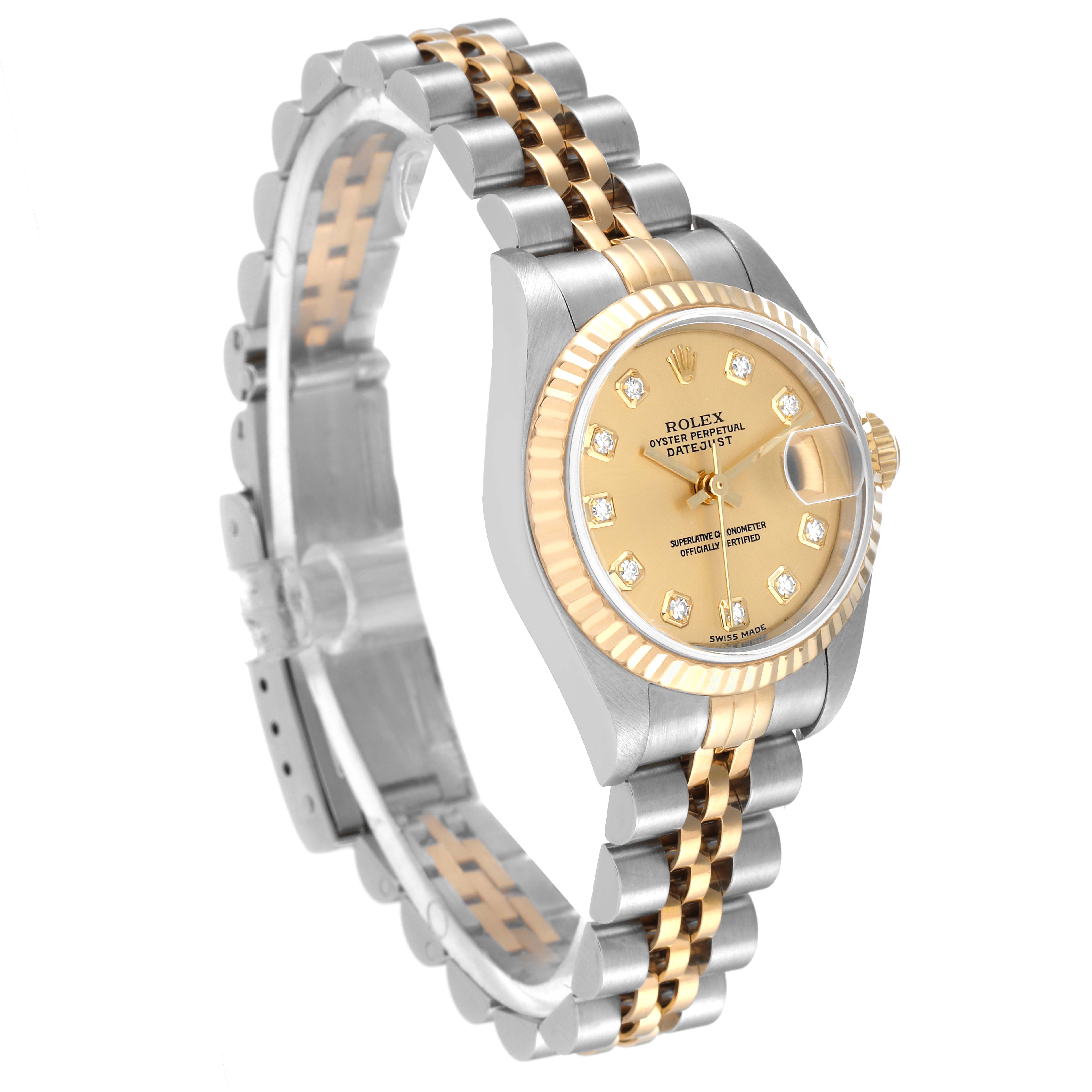 This Rolex Datejust 79173 Women's Steel and Gold (two tone) Champagne Dial 79173 Women's Steel and Gold (two tone) Champagne Dial watch is shown at a three-quarter angle, highlighting the dial, bezel, and two-tone bracelet.