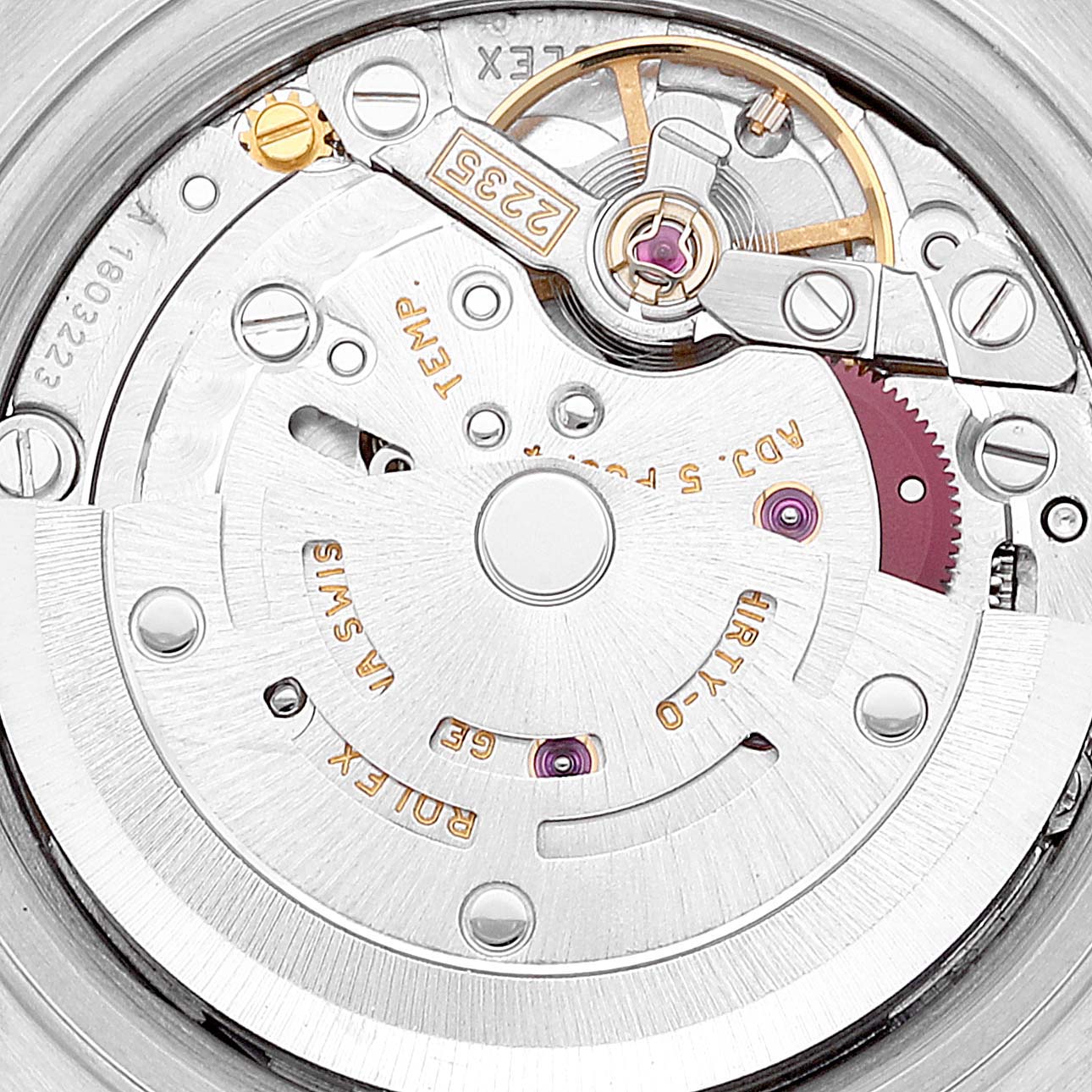 This image shows the movement and intricate internal components of a Rolex Datejust 79173 Women's Steel and Gold (two tone) Champagne Dial 79173 Women's Steel and Gold (two tone) Champagne Dial watch from a close-up, top-down angle.