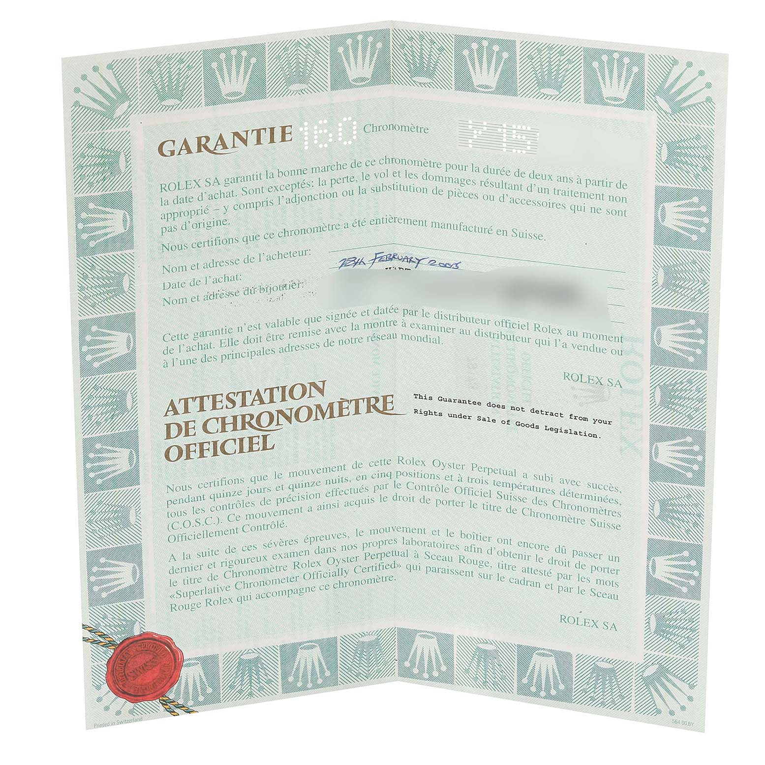 This image shows a Rolex Datejust 79173 Women's Steel and Gold (two tone) Champagne Dial 79173 Women's Steel and Gold (two tone) Champagne Dial's warranty and chronometer certification document.