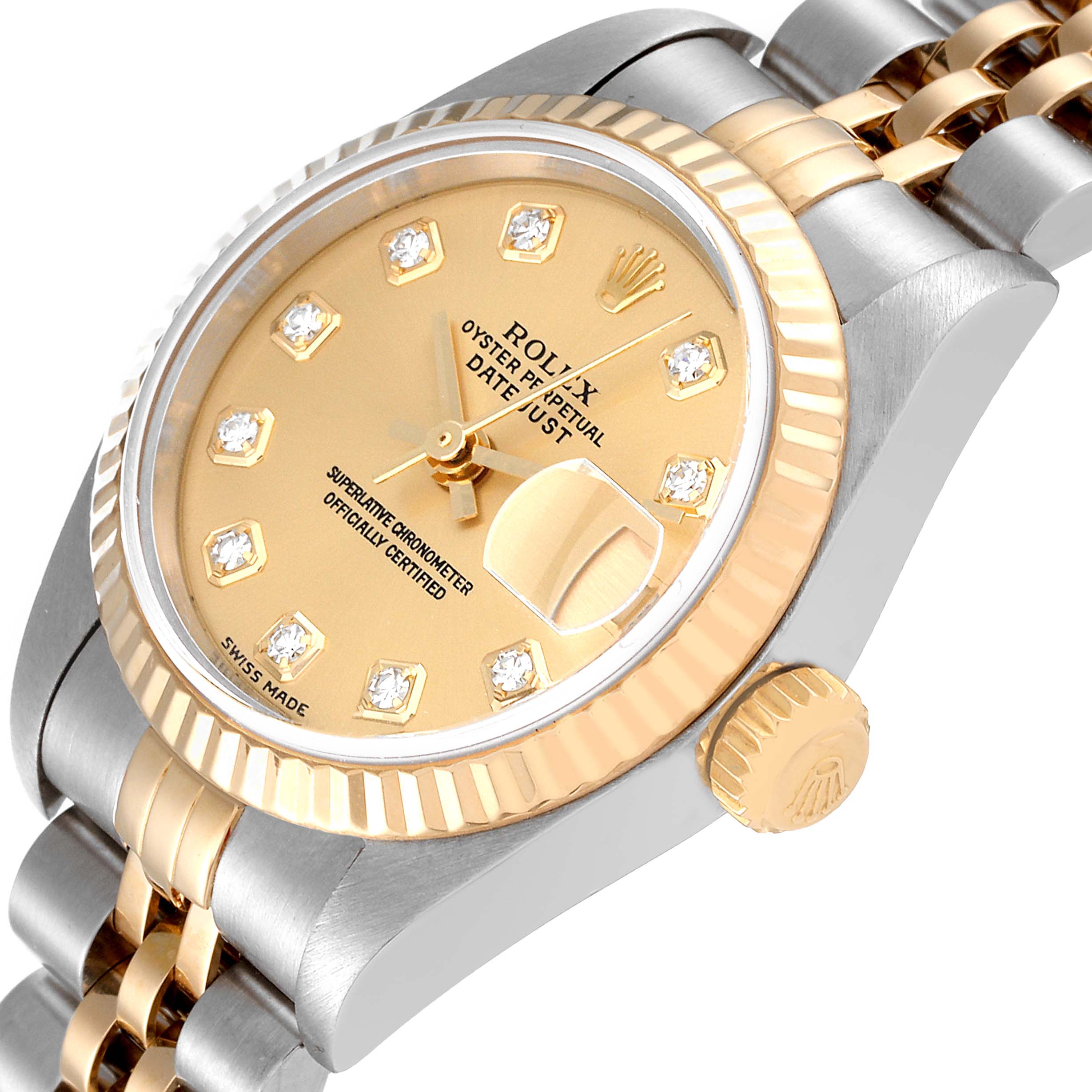 This image shows a close-up of the Rolex Datejust 79173 Women's Steel and Gold (two tone) Champagne Dial 79173 Women's Steel and Gold (two tone) Champagne Dial, highlighting the dial, crown, and part of the bracelet from an angled top view.