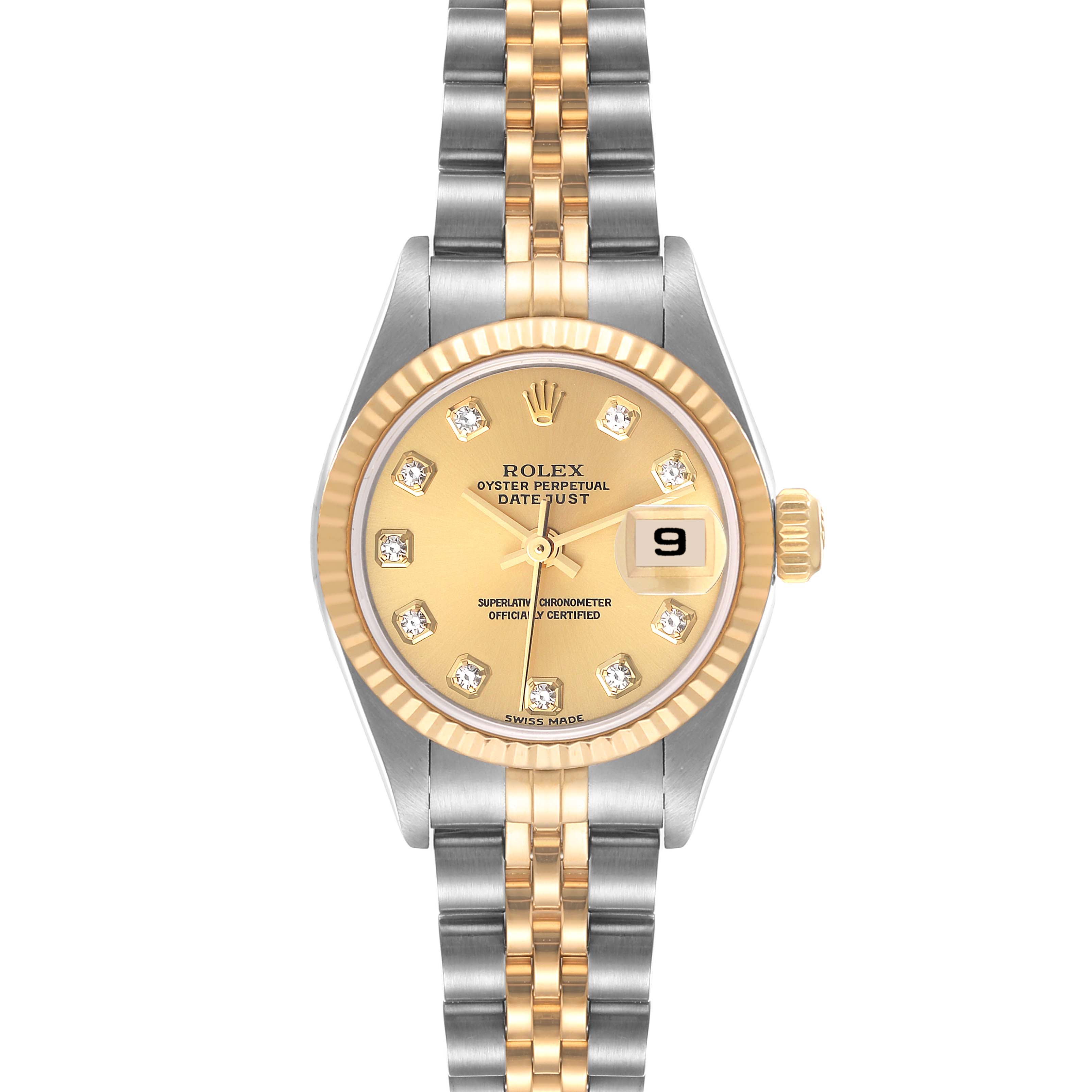 This Rolex Datejust 79173 Women's Steel and Gold (two tone) Champagne Dial 79173 Women's Steel and Gold (two tone) Champagne Dial watch is shown from a front angle, displaying its gold dial, diamond markers, date window, and two-tone bracelet.
