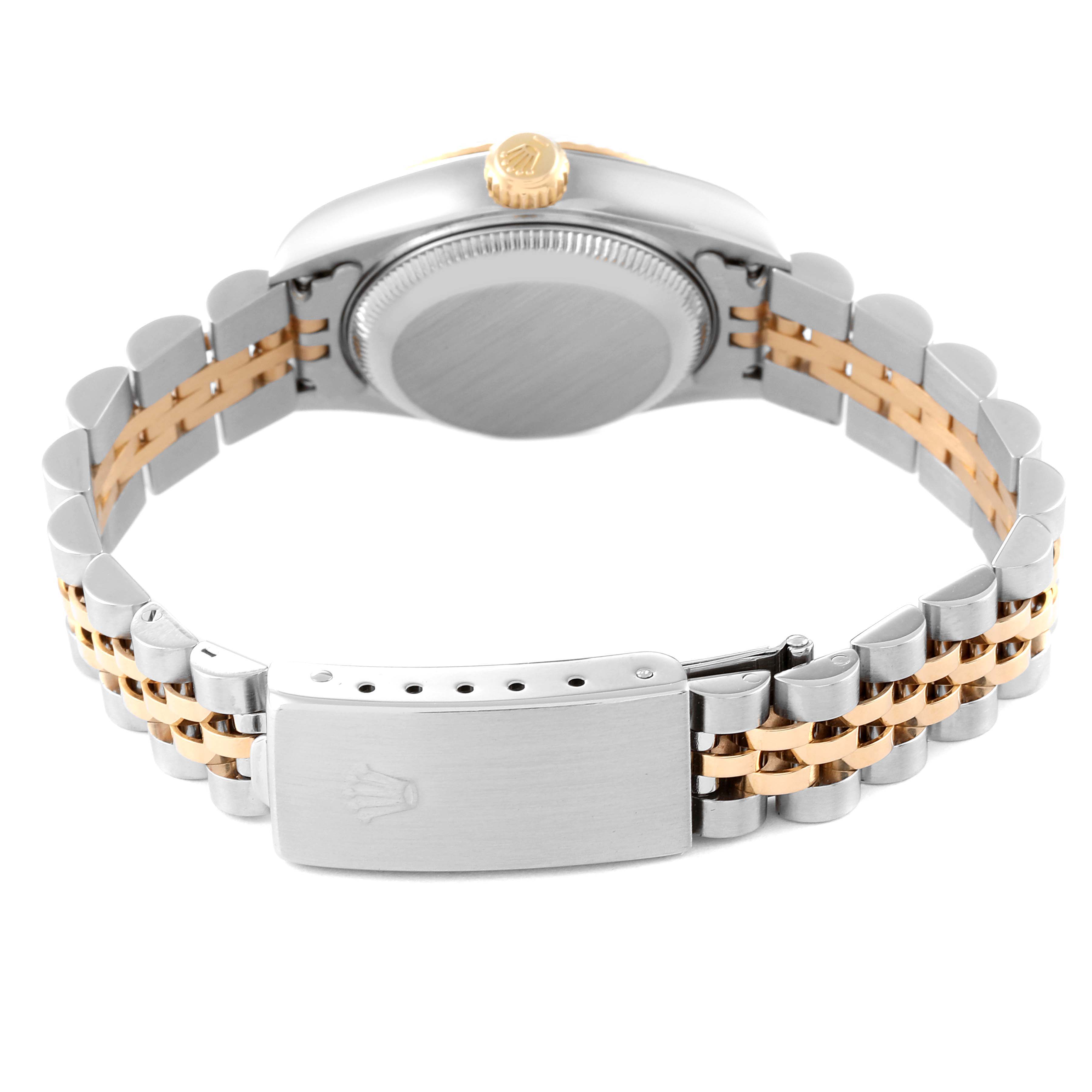 This image shows the back and clasp of a Rolex Datejust 79173 Women's Steel and Gold (two tone) Champagne Dial 79173 Women's Steel and Gold (two tone) Champagne Dial watch, highlighting its two-tone metal bracelet.