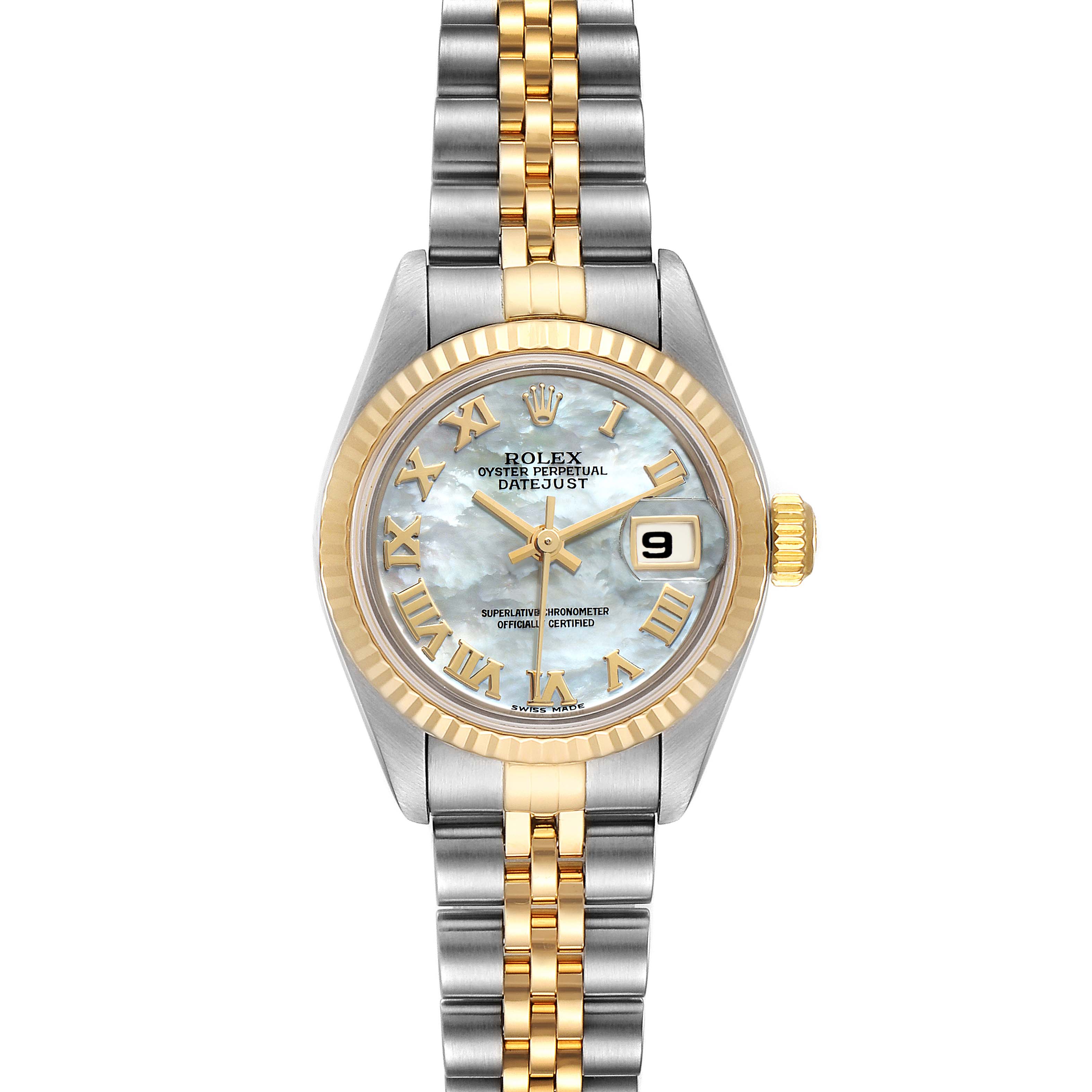 This image shows a front view of a Rolex Datejust 69173 Women's Steel and Gold (two tone) Mother of Pearl Dial 69173 Women's Steel and Gold (two tone) Mother of Pearl Dial watch featuring a two-tone metal band, gold fluted bezel, and mother-of-pearl dial.