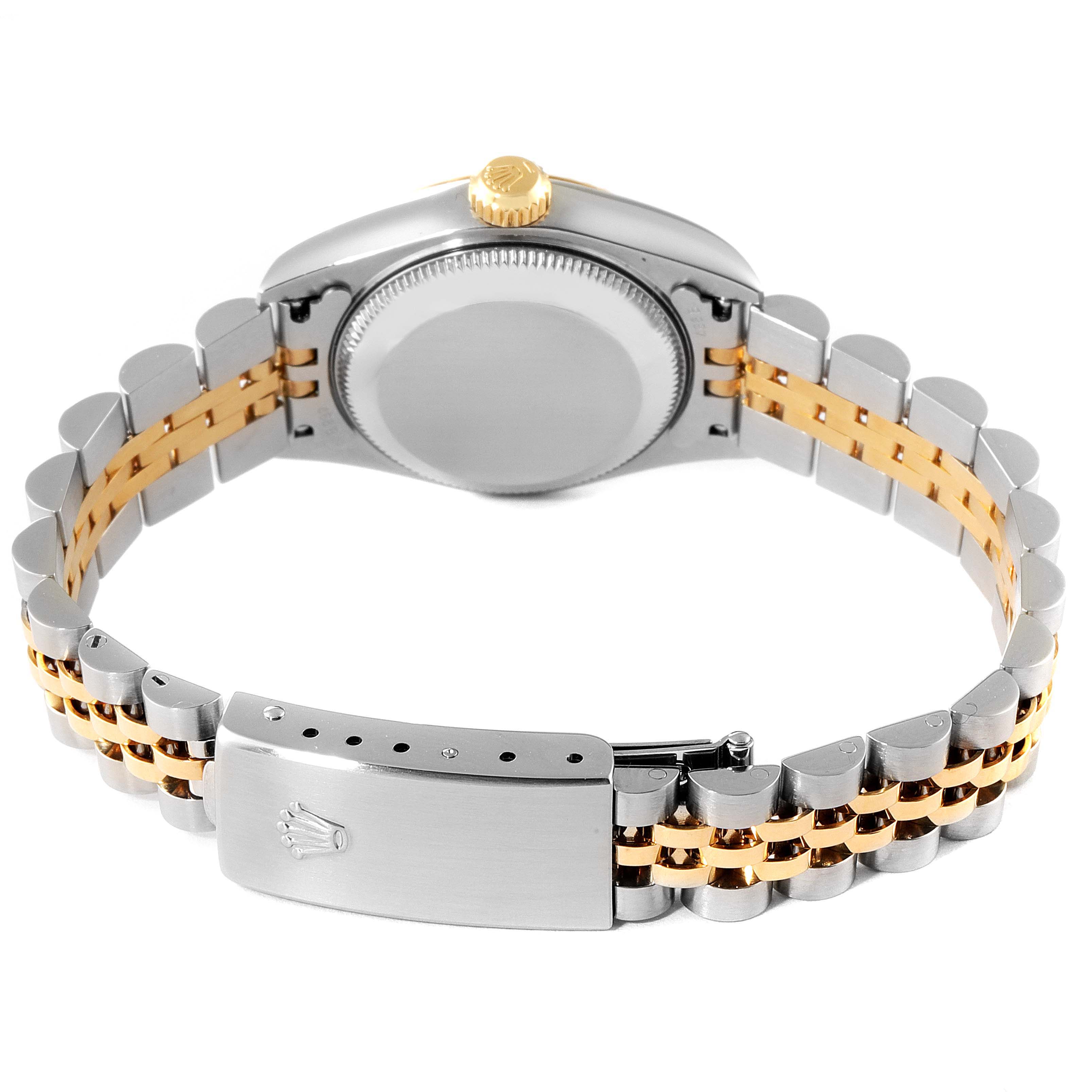 The image shows the back and bracelet of a Rolex Datejust 69173 Women's Steel and Gold (two tone) Mother of Pearl Dial 69173 Women's Steel and Gold (two tone) Mother of Pearl Dial watch, highlighting the clasp, links, and crown.