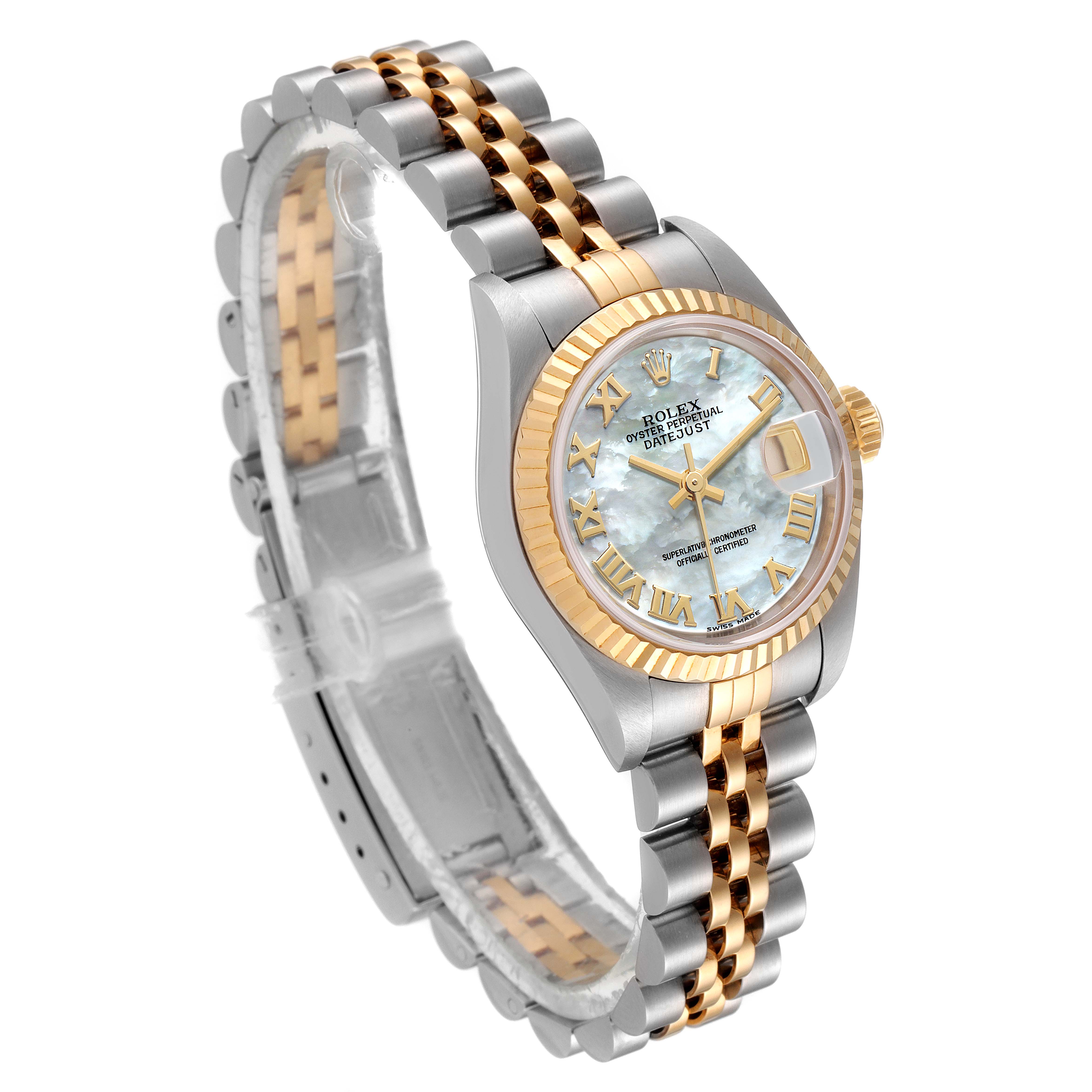 This image shows a Rolex Datejust 69173 Women's Steel and Gold (two tone) Mother of Pearl Dial 69173 Women's Steel and Gold (two tone) Mother of Pearl Dial watch at an angled view, featuring the face, bezel, and two-tone bracelet.
