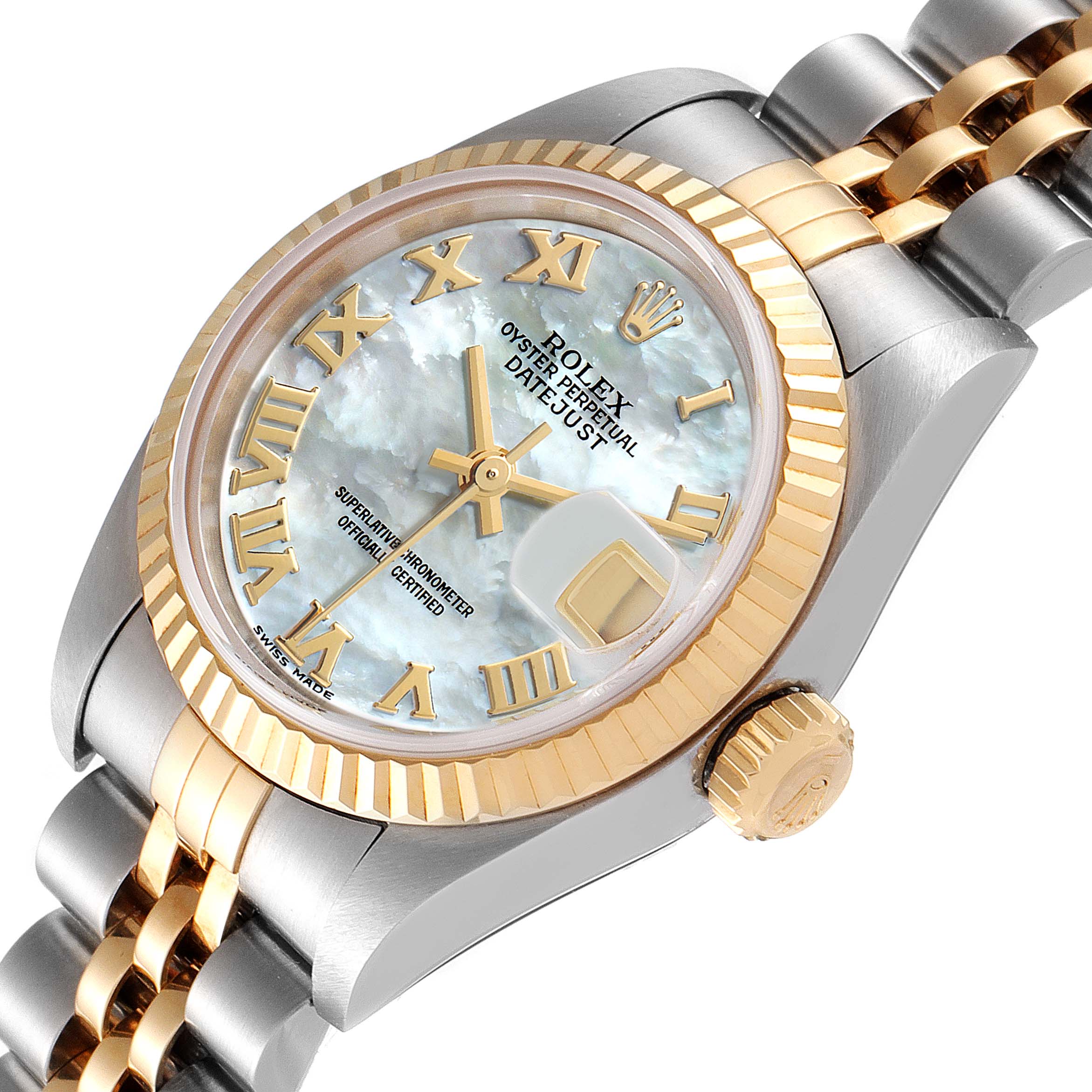 This image shows a Rolex Datejust 69173 Women's Steel and Gold (two tone) Mother of Pearl Dial 69173 Women's Steel and Gold (two tone) Mother of Pearl Dial watch from an angled close-up, highlighting the face, crown, bezel, and part of the bracelet.