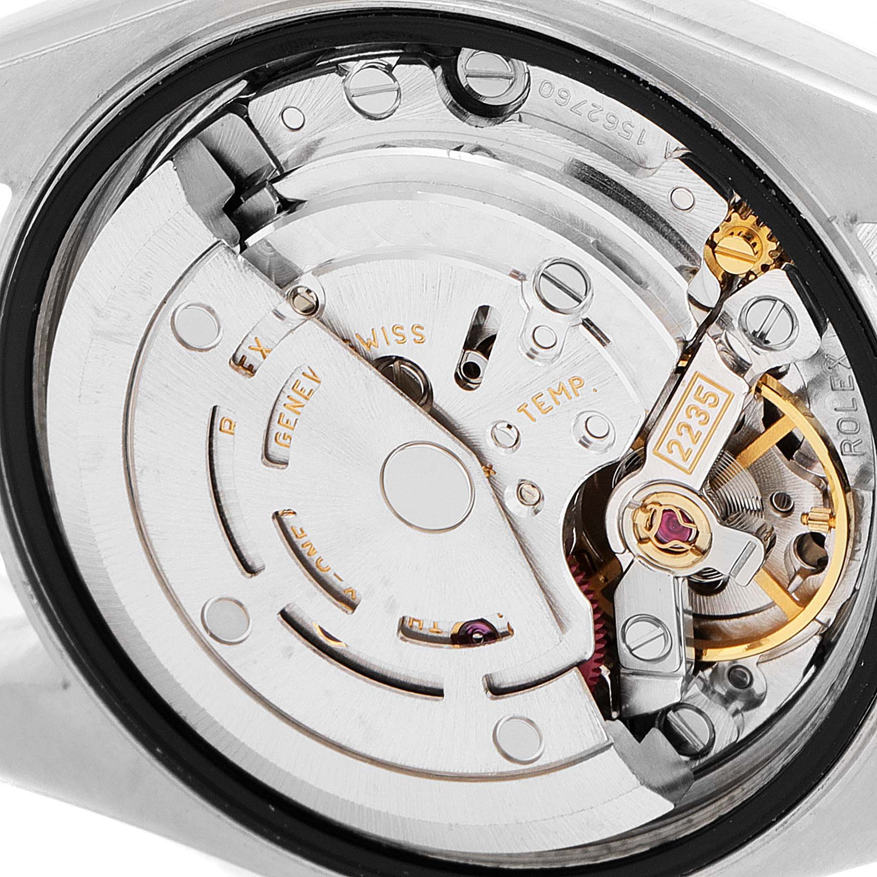 This image shows the internal mechanism of a Rolex Datejust 69173 Women's Steel and Gold (two tone) Mother of Pearl Dial 69173 Women's Steel and Gold (two tone) Mother of Pearl Dial watch from a close-up, detailed angle.