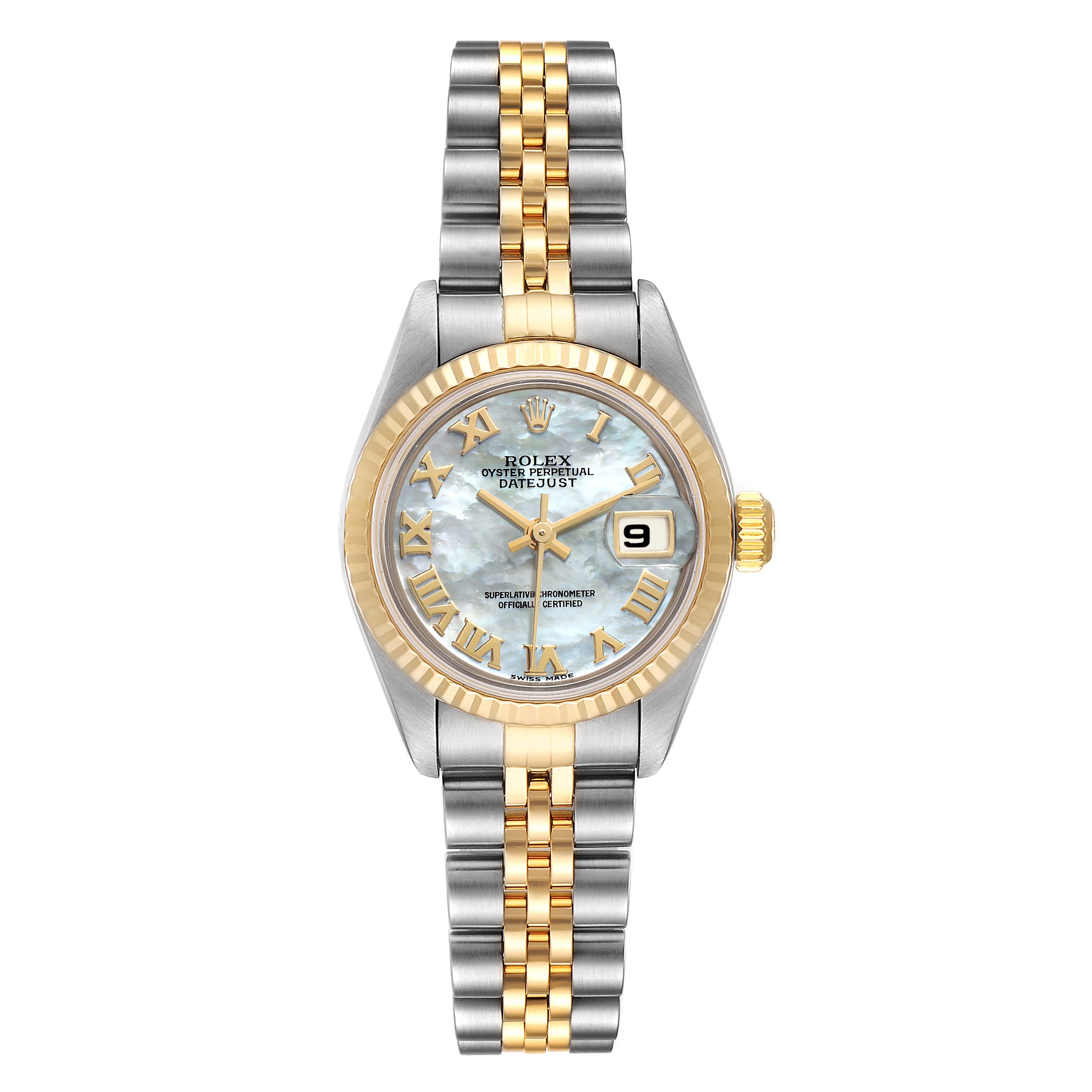 This image shows a front view of a Rolex Datejust 69173 Women's Steel and Gold (two tone) Mother of Pearl Dial 69173 Women's Steel and Gold (two tone) Mother of Pearl Dial watch, highlighting its two-tone bracelet, dial, and date window.