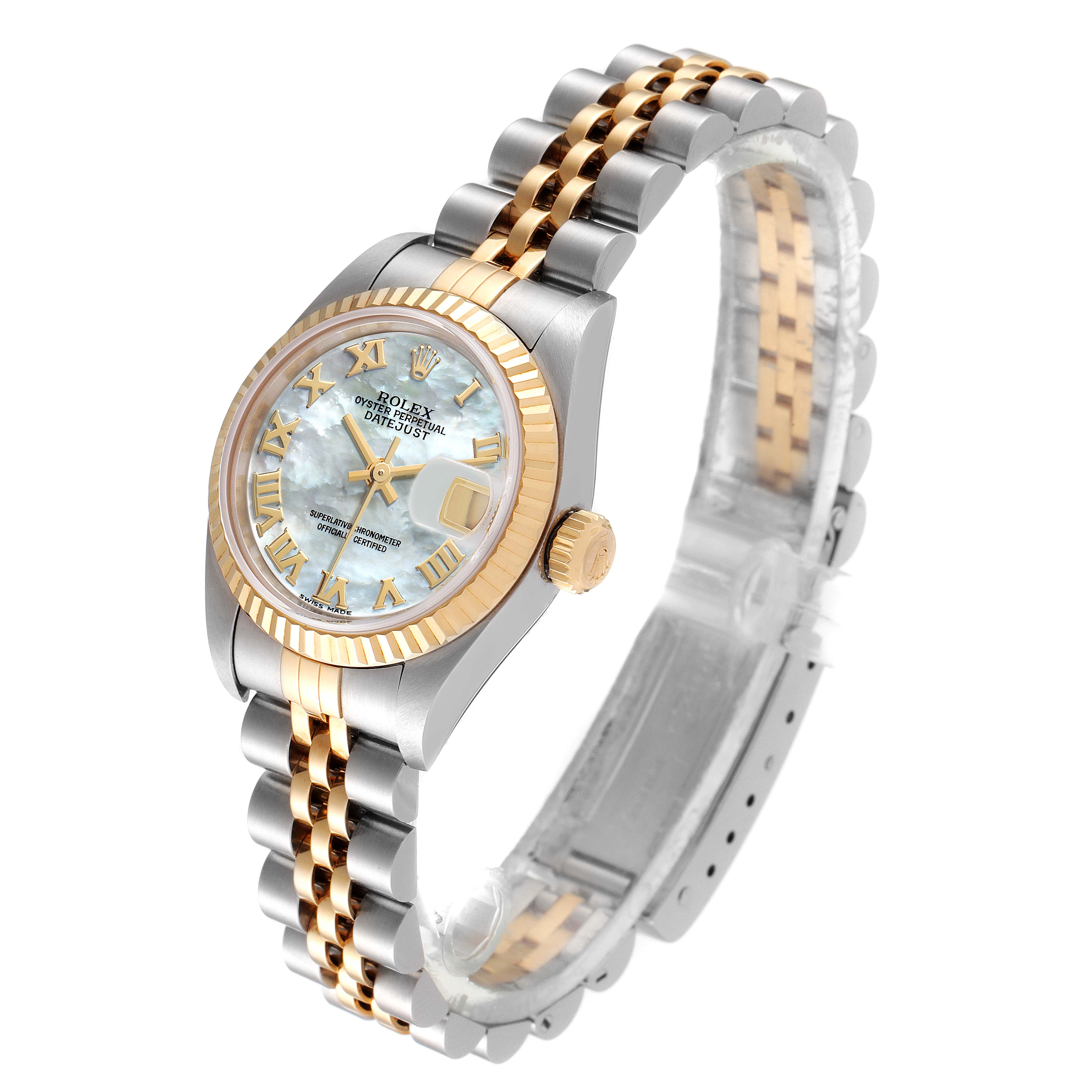 The Rolex Datejust 69173 Women's Steel and Gold (two tone) Mother of Pearl Dial 69173 Women's Steel and Gold (two tone) Mother of Pearl Dial watch is shown at an angled view, displaying its dial, crown, and bracelet.