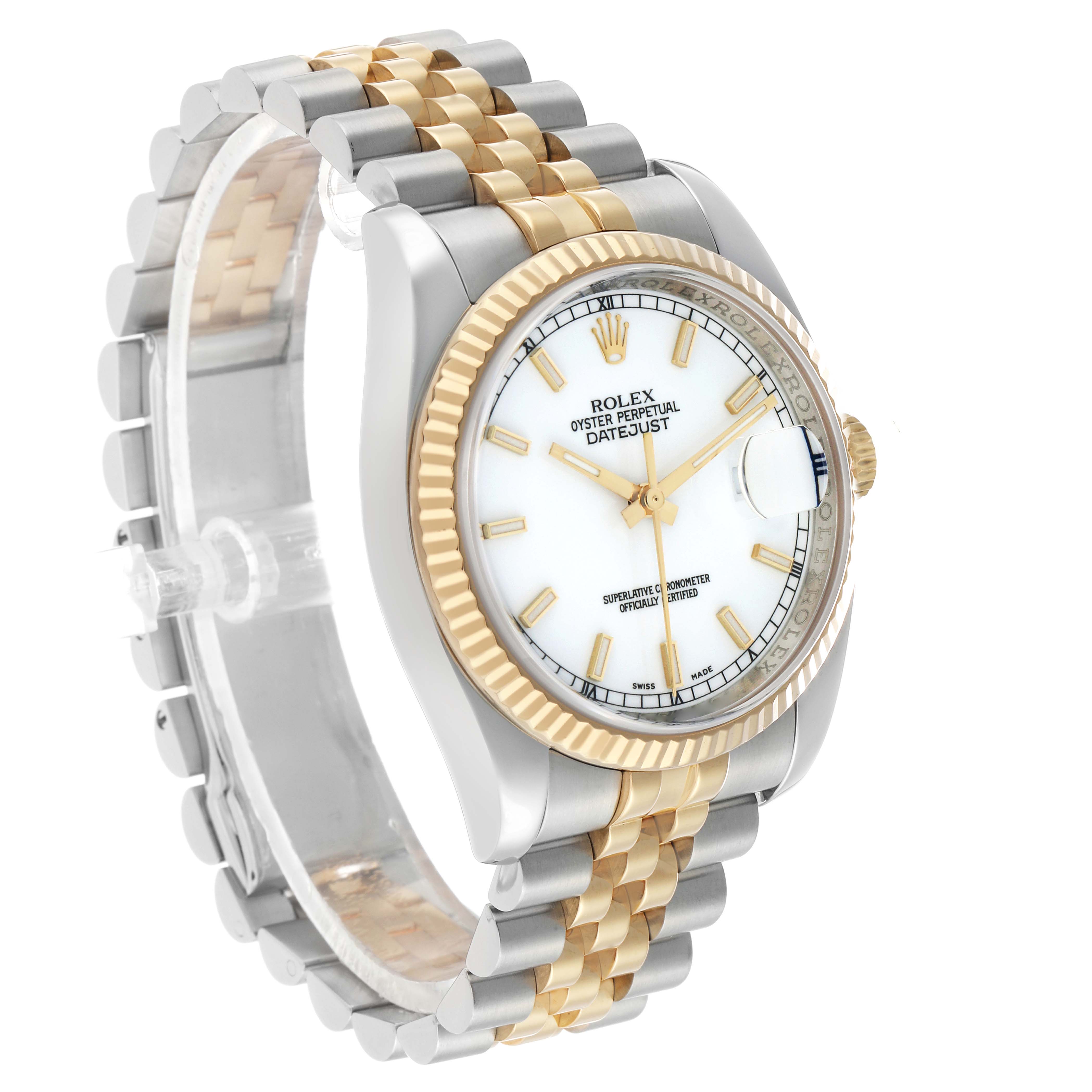 The Rolex Datejust 116233 Men's Steel and Gold (two tone) White Dial watch is shown at a 3/4 angle, displaying the dial, fluted bezel, and Jubilee bracelet.
