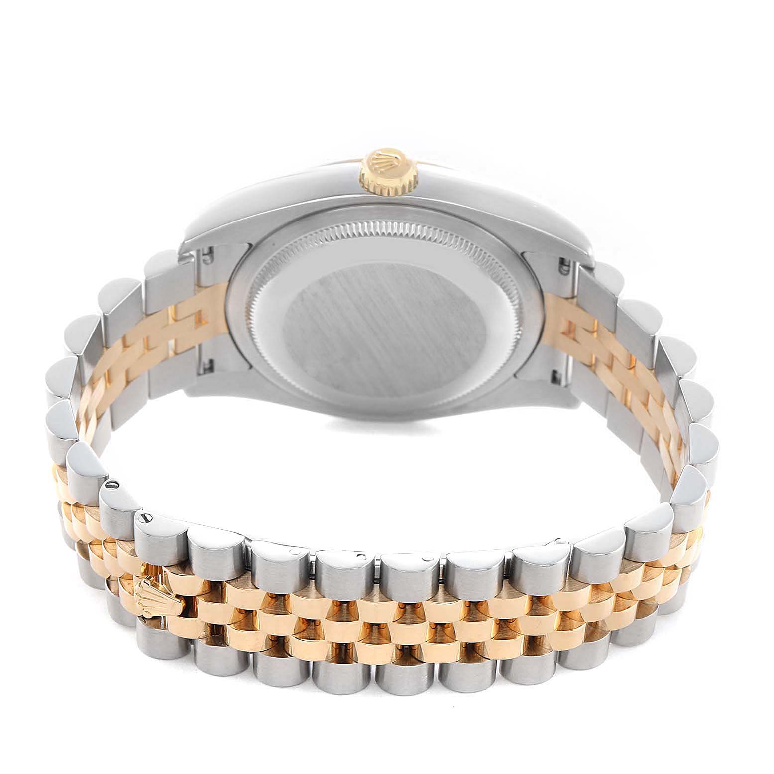The Rolex Datejust 116233 Men's Steel and Gold (two tone) White Dial watch is shown from the back, featuring its case, crown, and two-tone Jubilee bracelet.