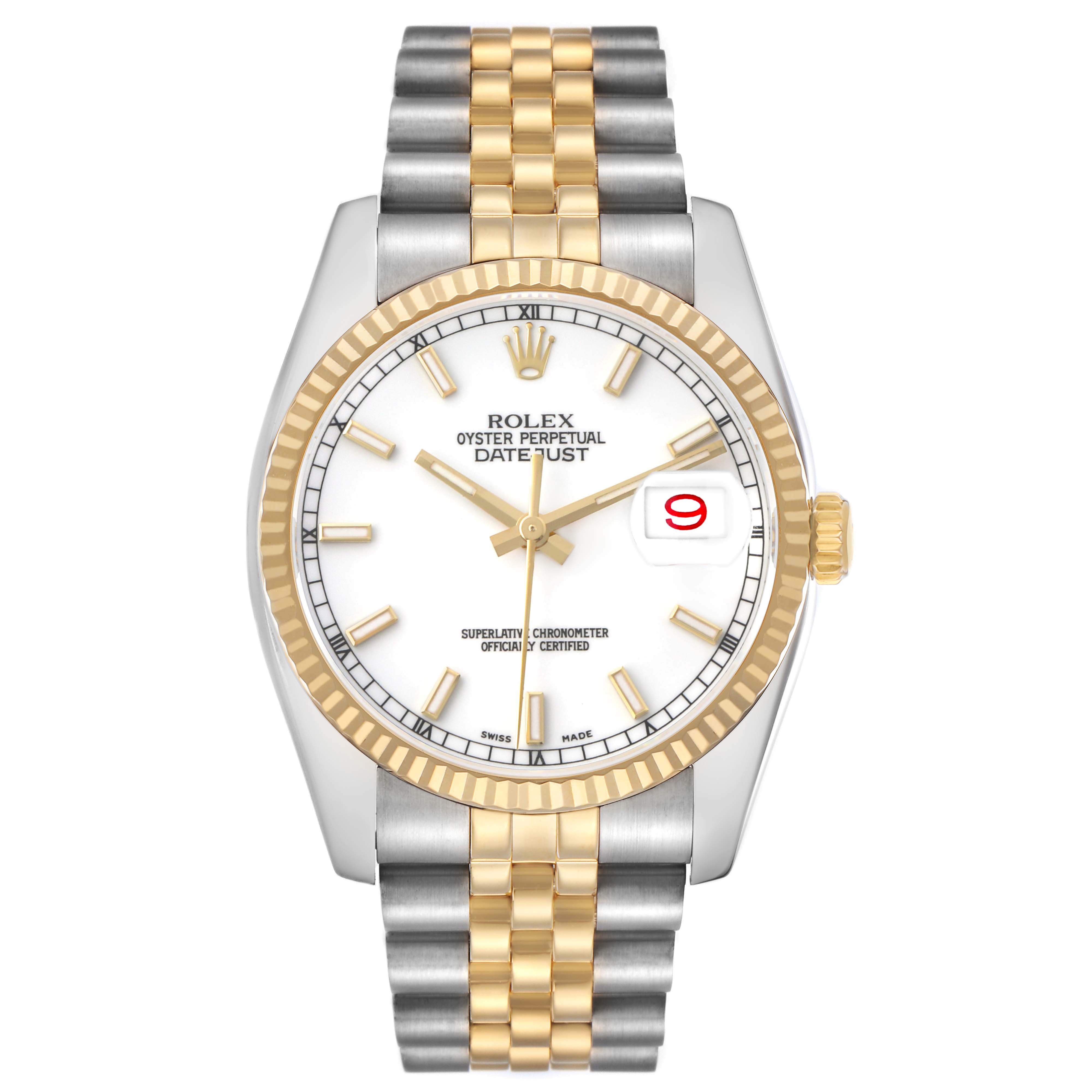The Rolex Datejust 116233 Men's Steel and Gold (two tone) White Dial watch is shown from a top-down angle, highlighting the face, bezel, crown, and two-tone bracelet.