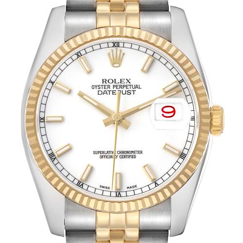 The image shows a frontal view of the Rolex Datejust 116233 Men's Steel and Gold (two tone) White Dial, showcasing its dial, bracelet, and fluted bezel.