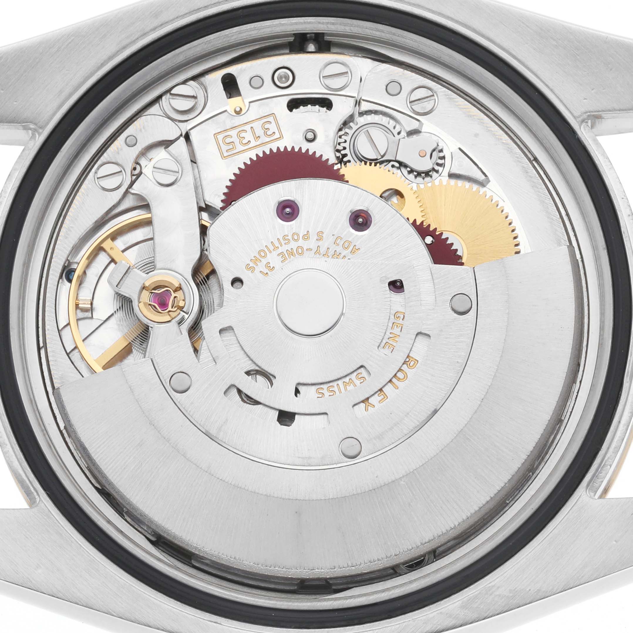 The image shows the back view of a Rolex Datejust 116233 Men's Steel and Gold (two tone) White Dial, highlighting its movement and mechanical components.