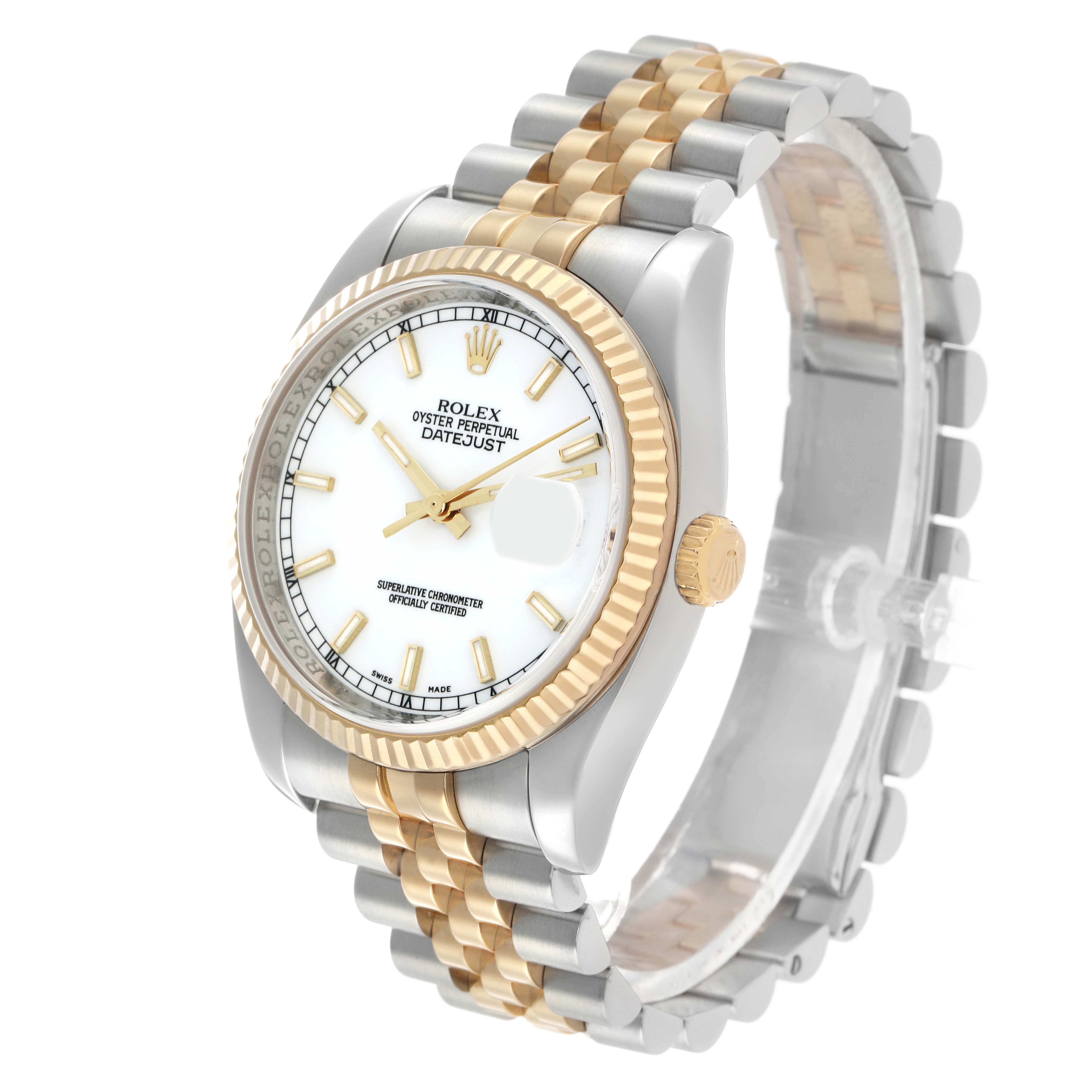 The Rolex Datejust 116233 Men's Steel and Gold (two tone) White Dial watch is shown at a three-quarter angle, highlighting the bezel, dial, bracelet, and crown.