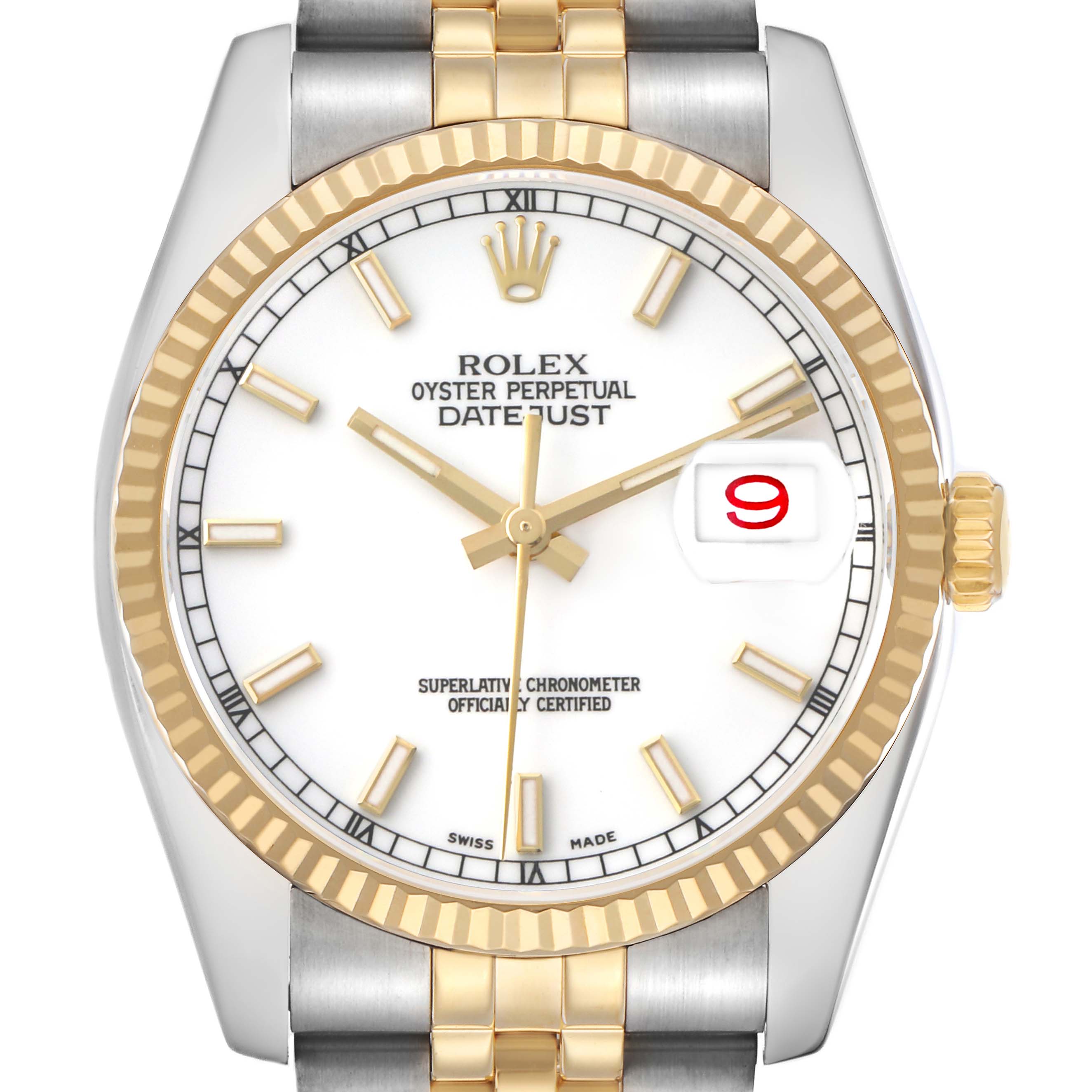 The Rolex Datejust 116233 Men's Steel and Gold (two tone) White Dial watch is shown from a front angle, highlighting the face, bezel, crown, and part of the bracelet.