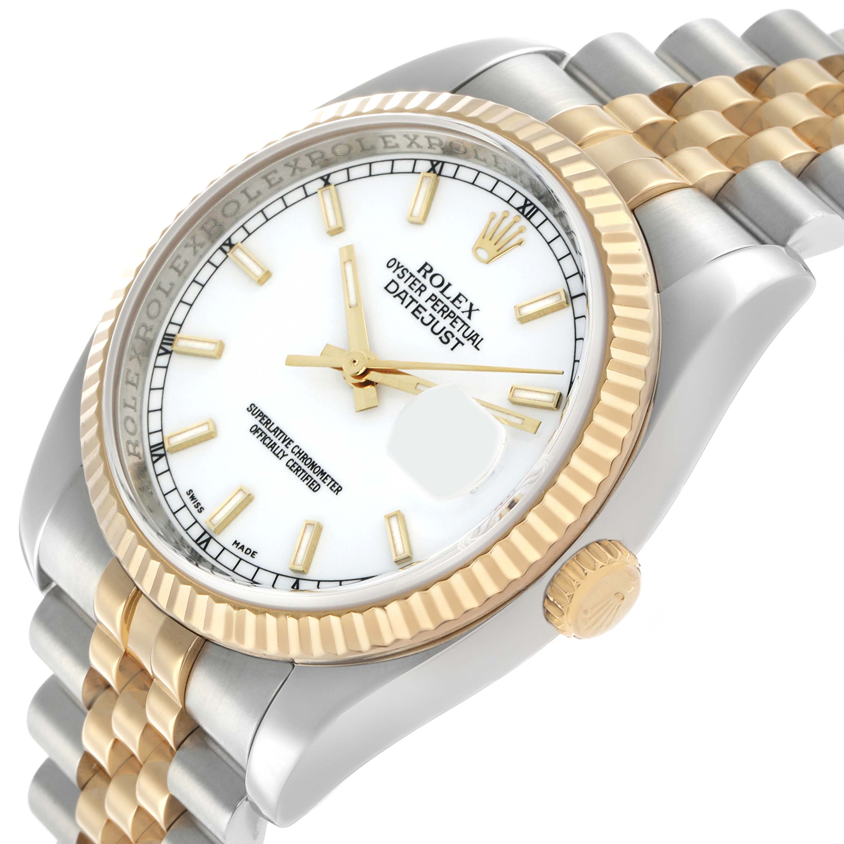 The Rolex Datejust 116233 Men's Steel and Gold (two tone) White Dial watch is shown at a slight angle, highlighting the dial, bezel, crown, and part of the bracelet.