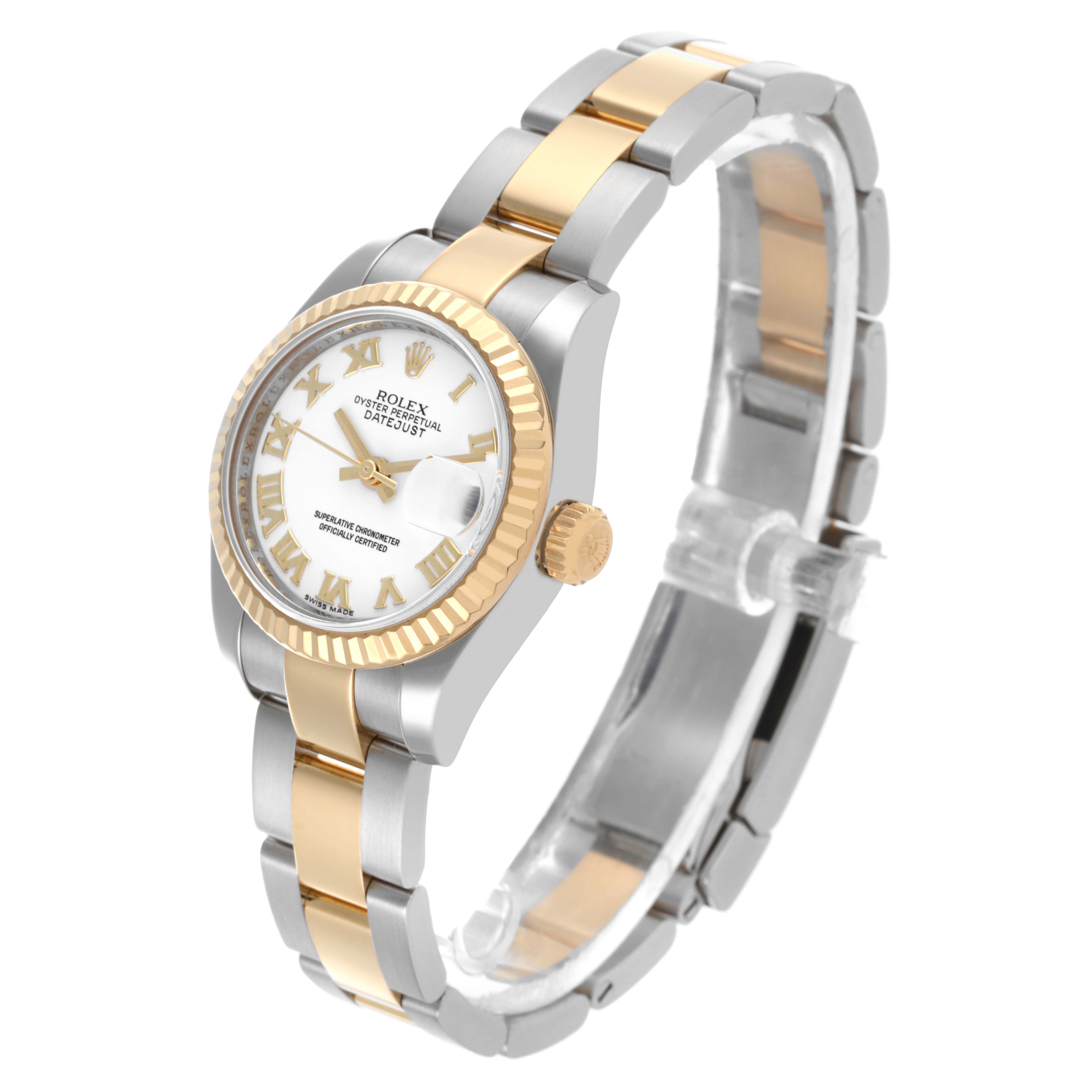 The Rolex Datejust 179173 Women's Steel and Gold (two tone) White Dial 179173 Women's Steel and Gold (two tone) White Dial watch is shown at a side angle, highlighting its bicolor bracelet and fluted bezel.