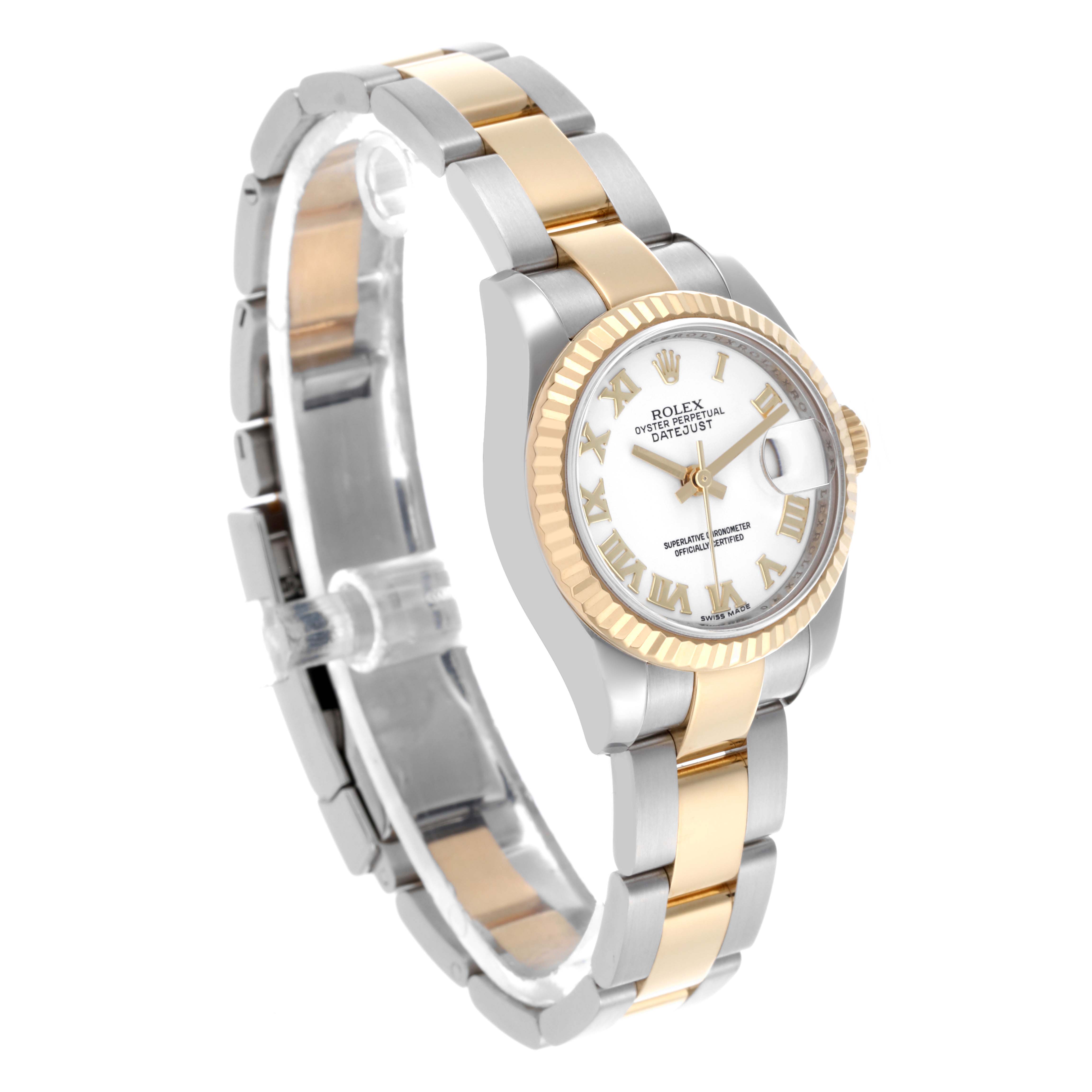 This image shows a Rolex Datejust 179173 Women's Steel and Gold (two tone) White Dial 179173 Women's Steel and Gold (two tone) White Dial watch at a tilted angle, highlighting the dial, fluted bezel, and two-tone bracelet.
