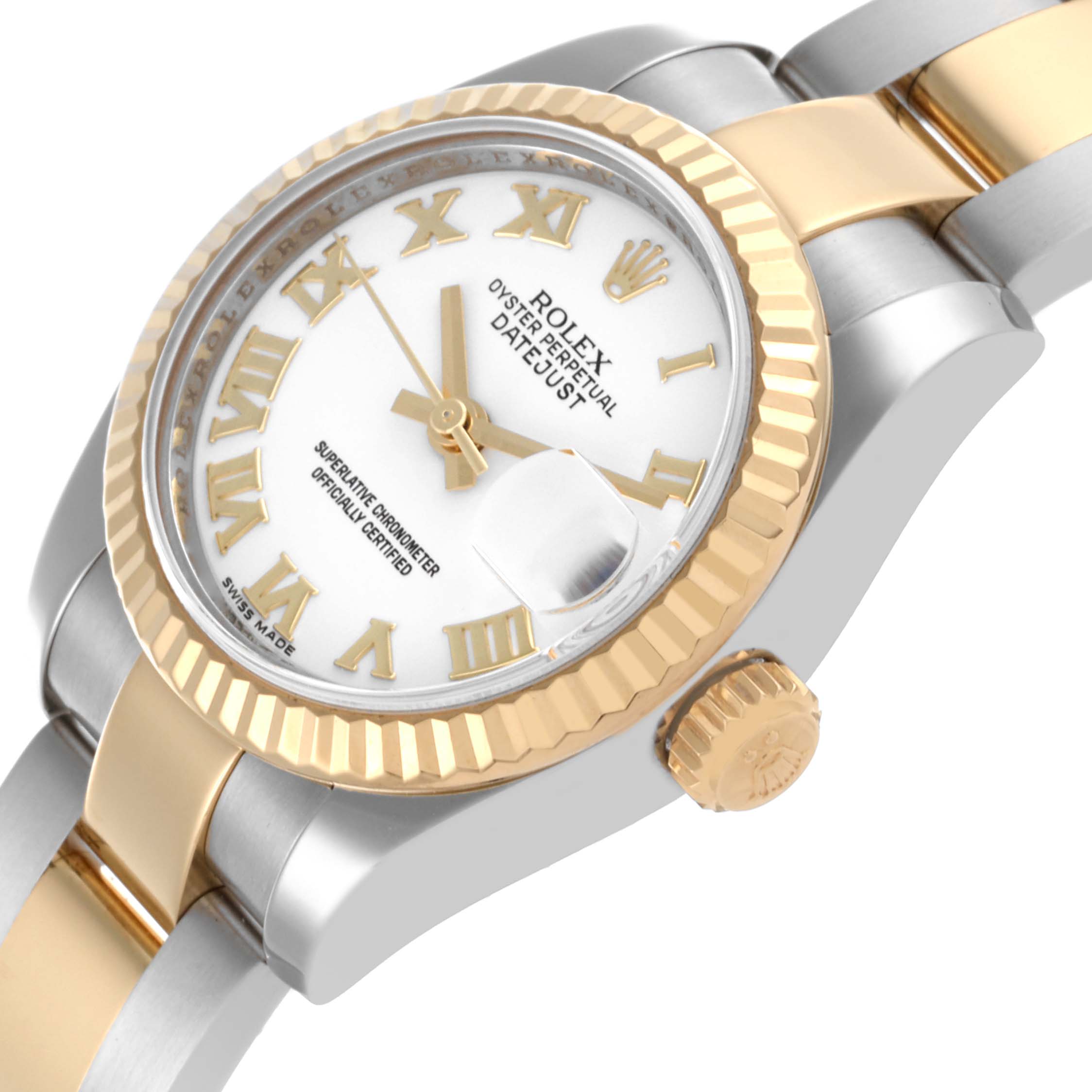 The Rolex Datejust 179173 Women's Steel and Gold (two tone) White Dial 179173 Women's Steel and Gold (two tone) White Dial watch is shown at a three-quarter angle, displaying the face, bezel, crown, and part of the bracelet.