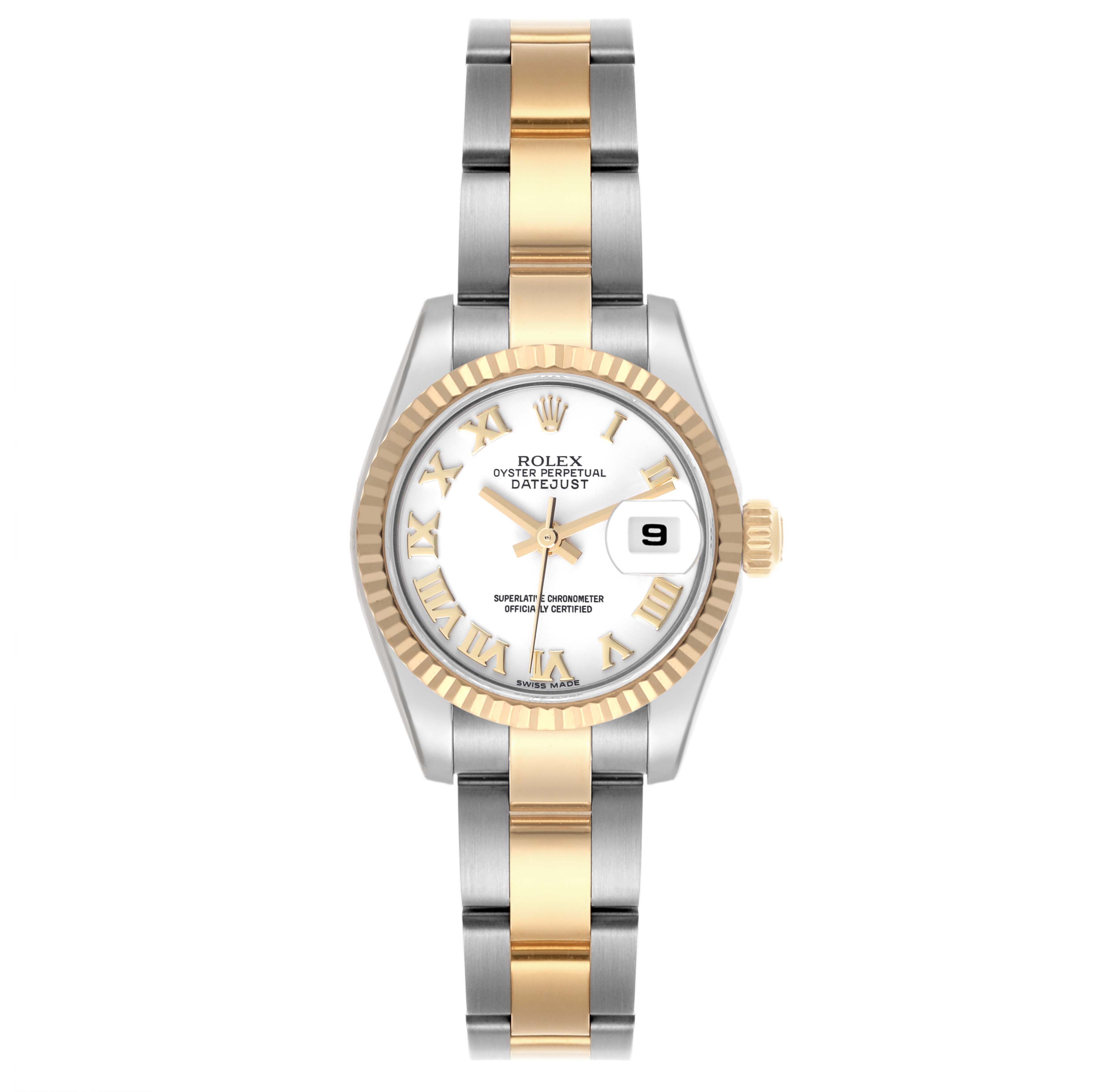 The Rolex Datejust 179173 Women's Steel and Gold (two tone) White Dial 179173 Women's Steel and Gold (two tone) White Dial watch is shown from the front, displaying the face, bezel, and a two-tone bracelet.