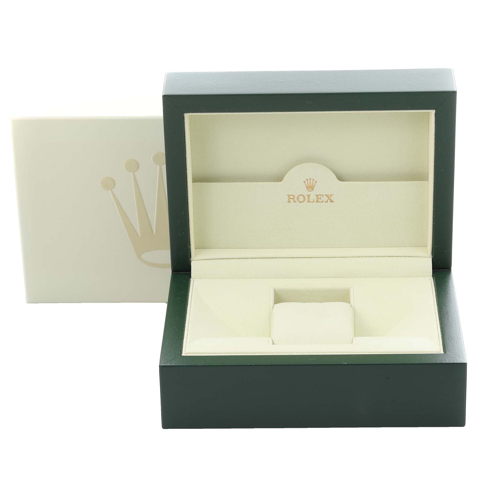 The image shows an open presentation box for a Rolex Datejust 179173 Women's Steel and Gold (two tone) White Dial 179173 Women's Steel and Gold (two tone) White Dial watch, displaying the interior and logo.