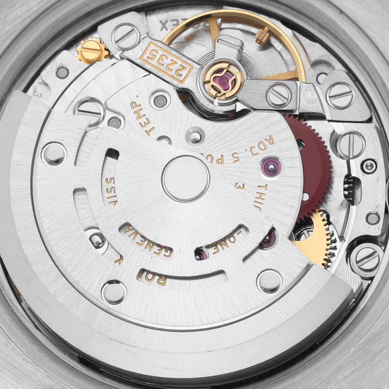 The image shows the intricate mechanical movement of a Rolex Datejust 179173 Women's Steel and Gold (two tone) White Dial 179173 Women's Steel and Gold (two tone) White Dial watch from a top-down angle.