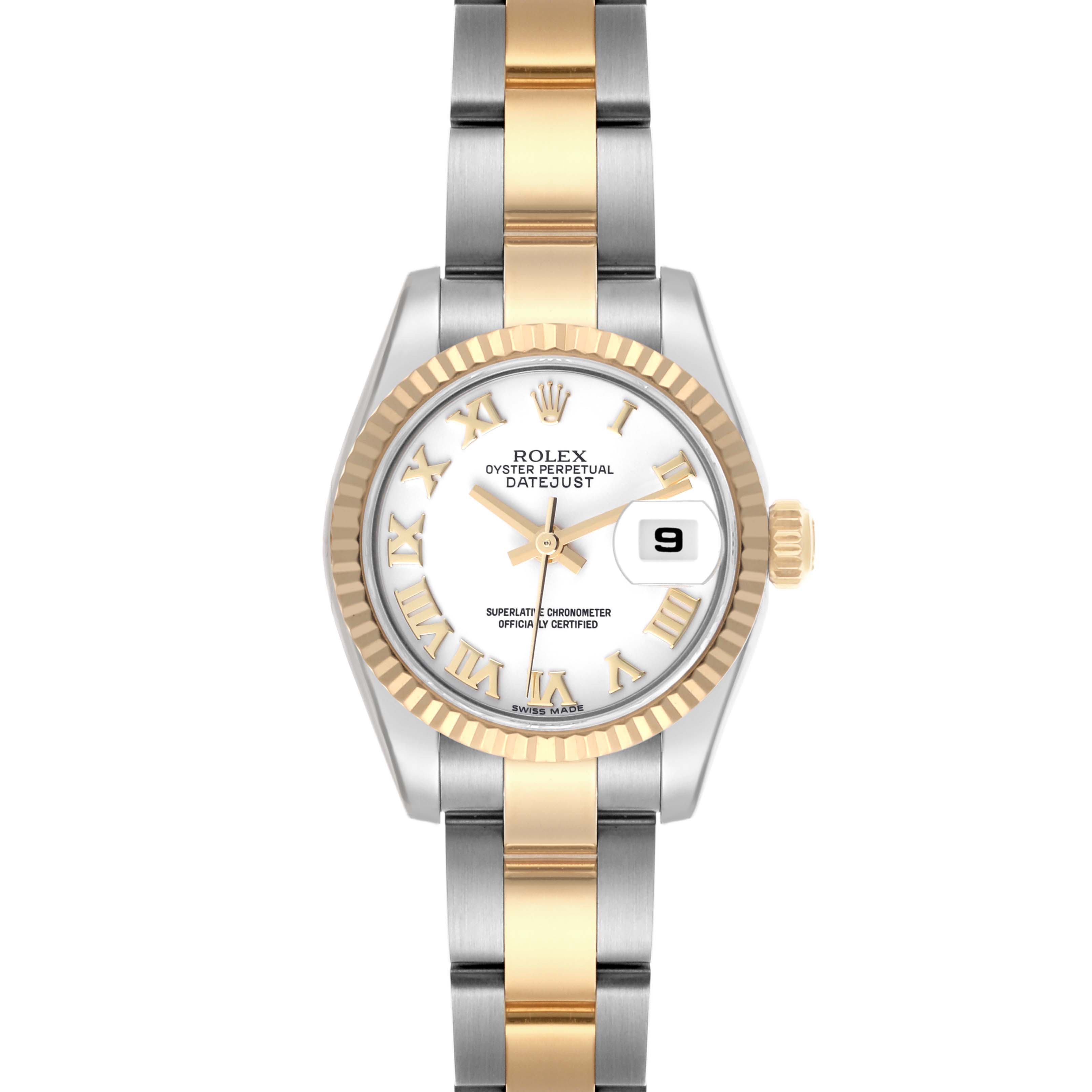 The Rolex Datejust 179173 Women's Steel and Gold (two tone) White Dial 179173 Women's Steel and Gold (two tone) White Dial is shown from the front, displaying the face, bezel, and part of the bracelet.