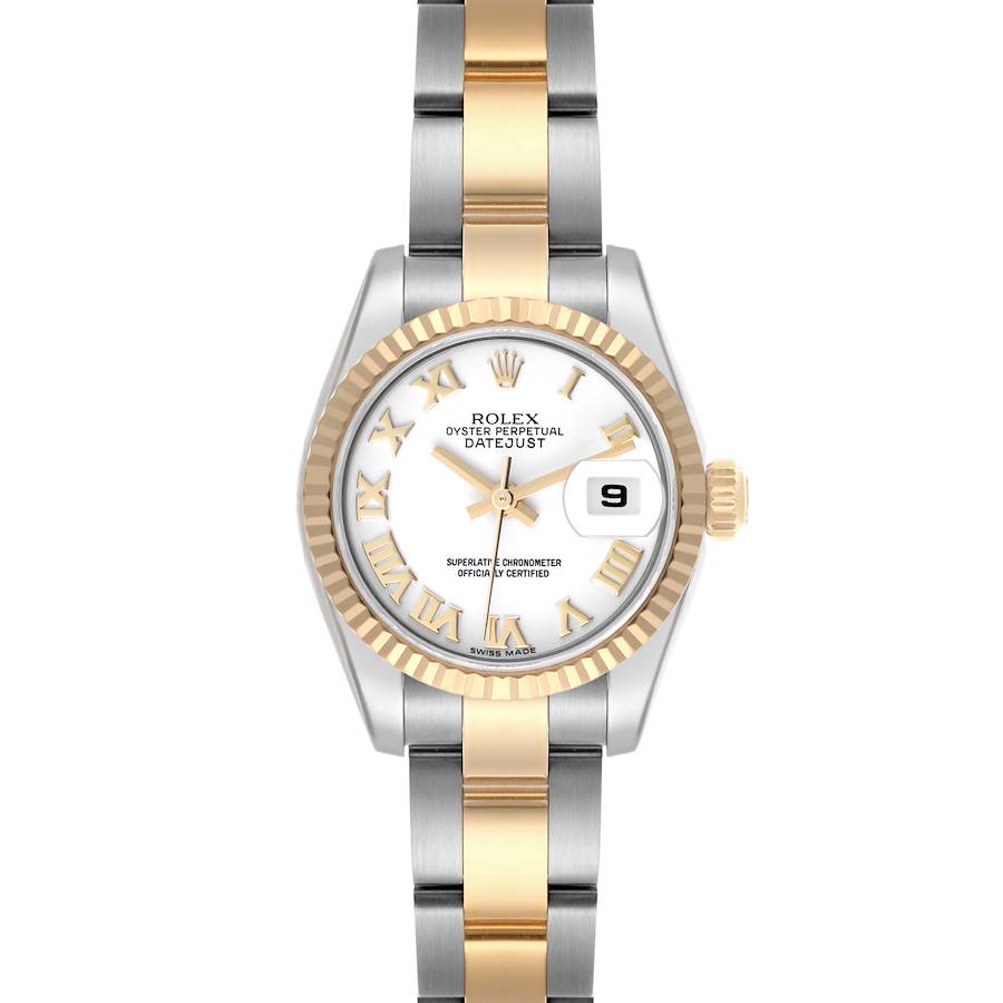 The Rolex Datejust is shown from the front, displaying the face, bezel, and part of the bracelet.