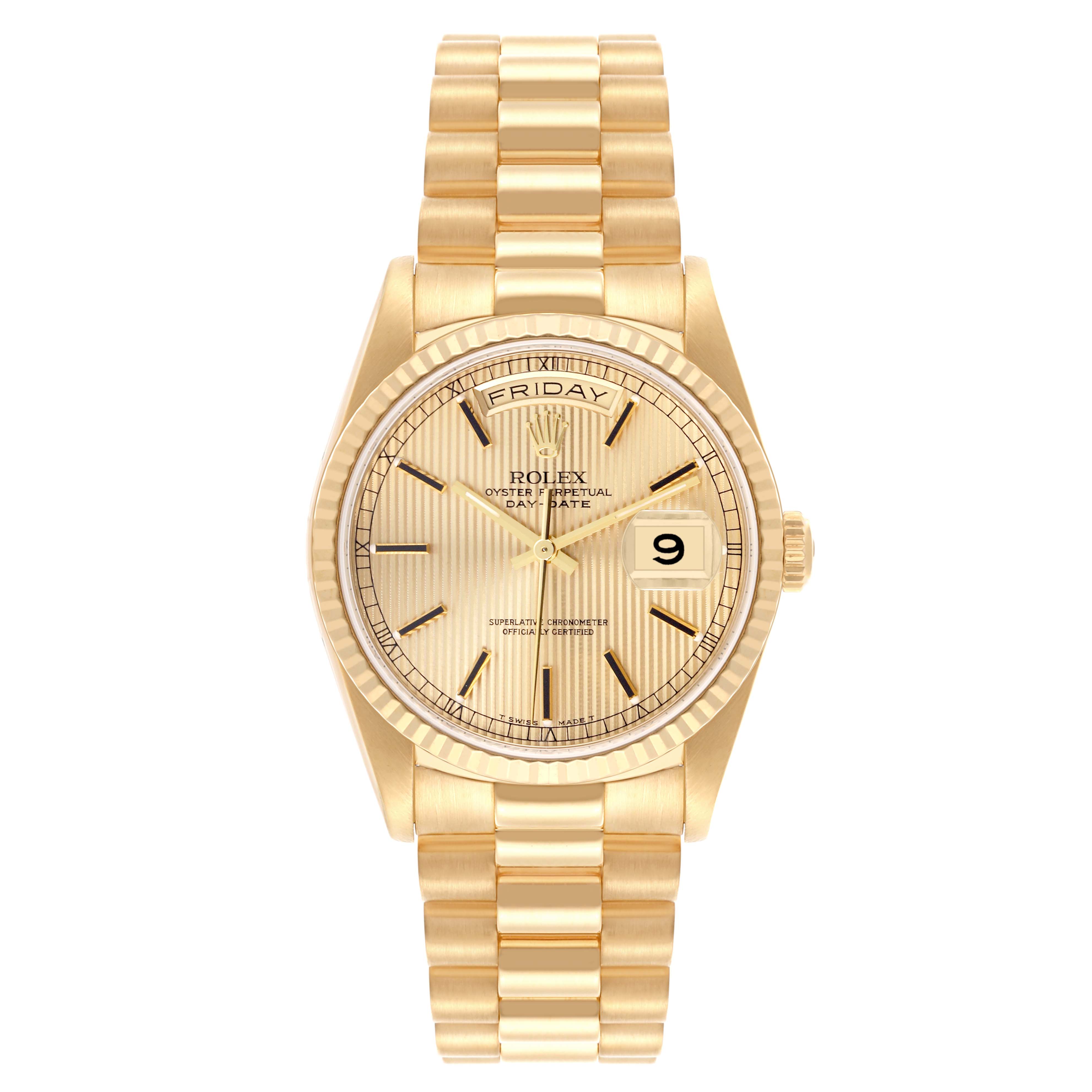 The Rolex President 18238 Men
s Yellow Gold Champagne Dial 18238 Men
s Yellow Gold Champagne Dial model is shown from the front, displaying the entire watch face, dial, and bracelet.