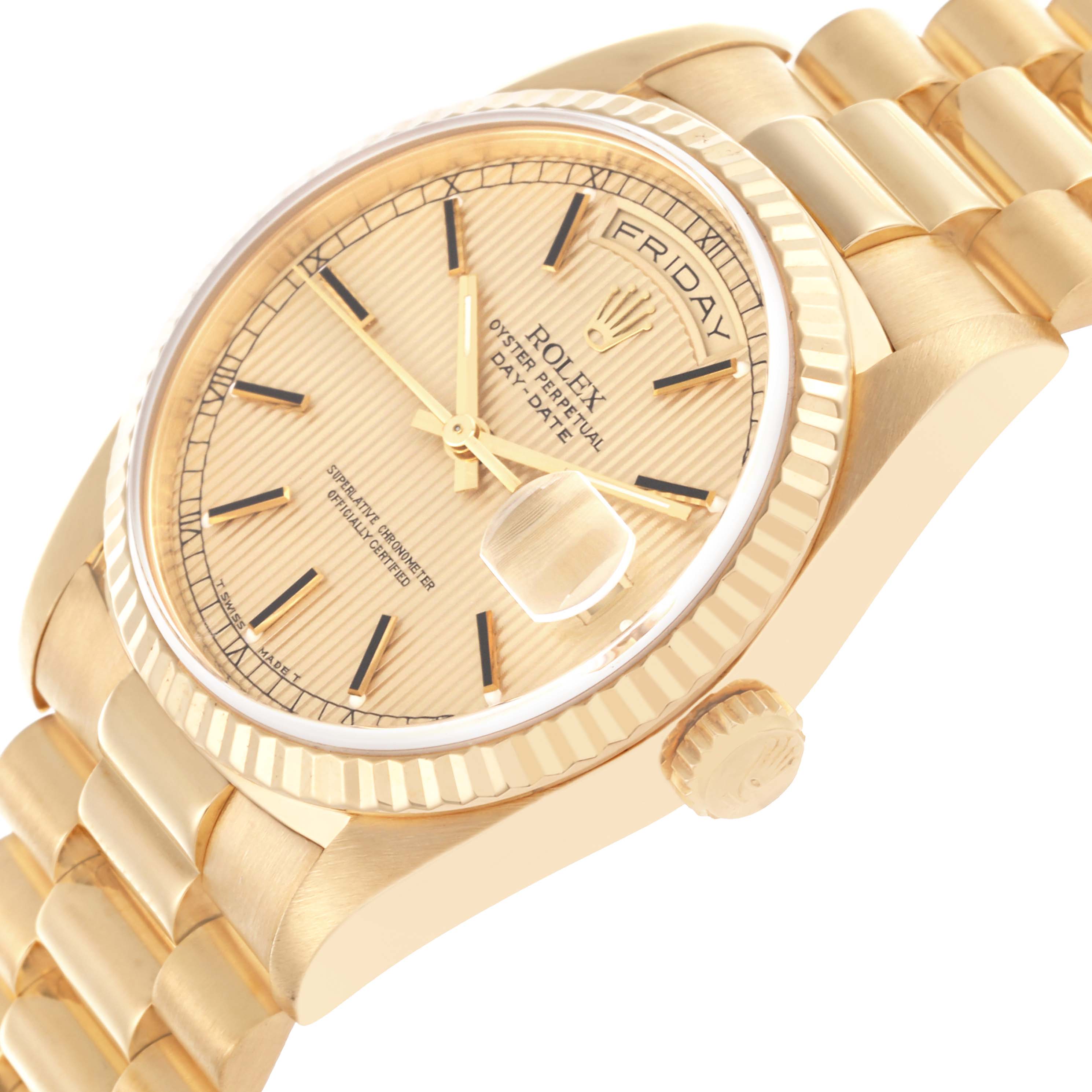 The Rolex President 18238 Men
s Yellow Gold Champagne Dial 18238 Men
s Yellow Gold Champagne Dial watch is shown at an angle highlighting the face, bezel, bracelet, and crown.