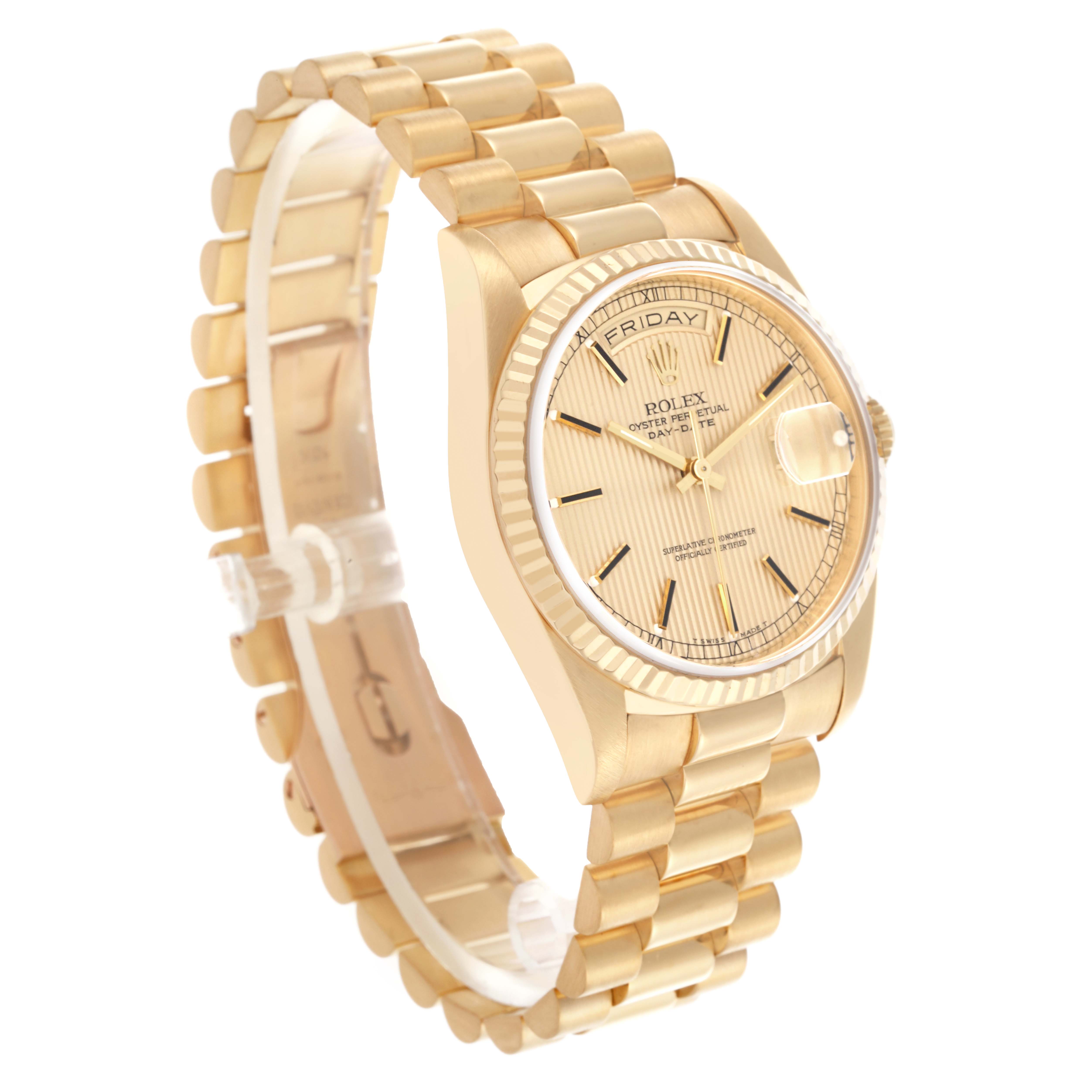 The Rolex President 18238 Men
s Yellow Gold Champagne Dial 18238 Men
s Yellow Gold Champagne Dial watch is shown at a three-quarter angle highlighting the face, bezel, and bracelet.
