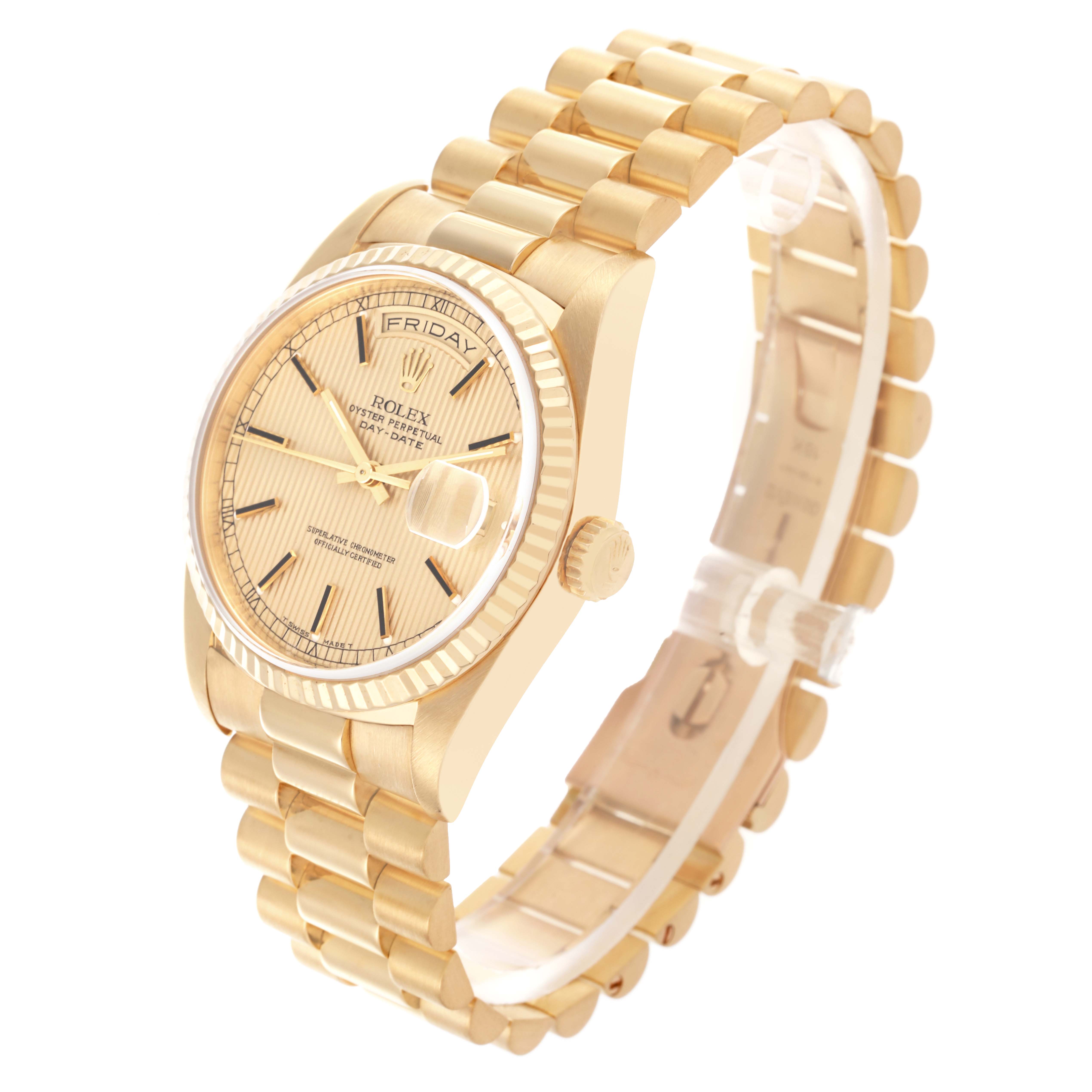 The Rolex President 18238 Men
s Yellow Gold Champagne Dial 18238 Men
s Yellow Gold Champagne Dial model watch is shown at an angled side view, highlighting its gold case, bracelet, and fluted bezel.