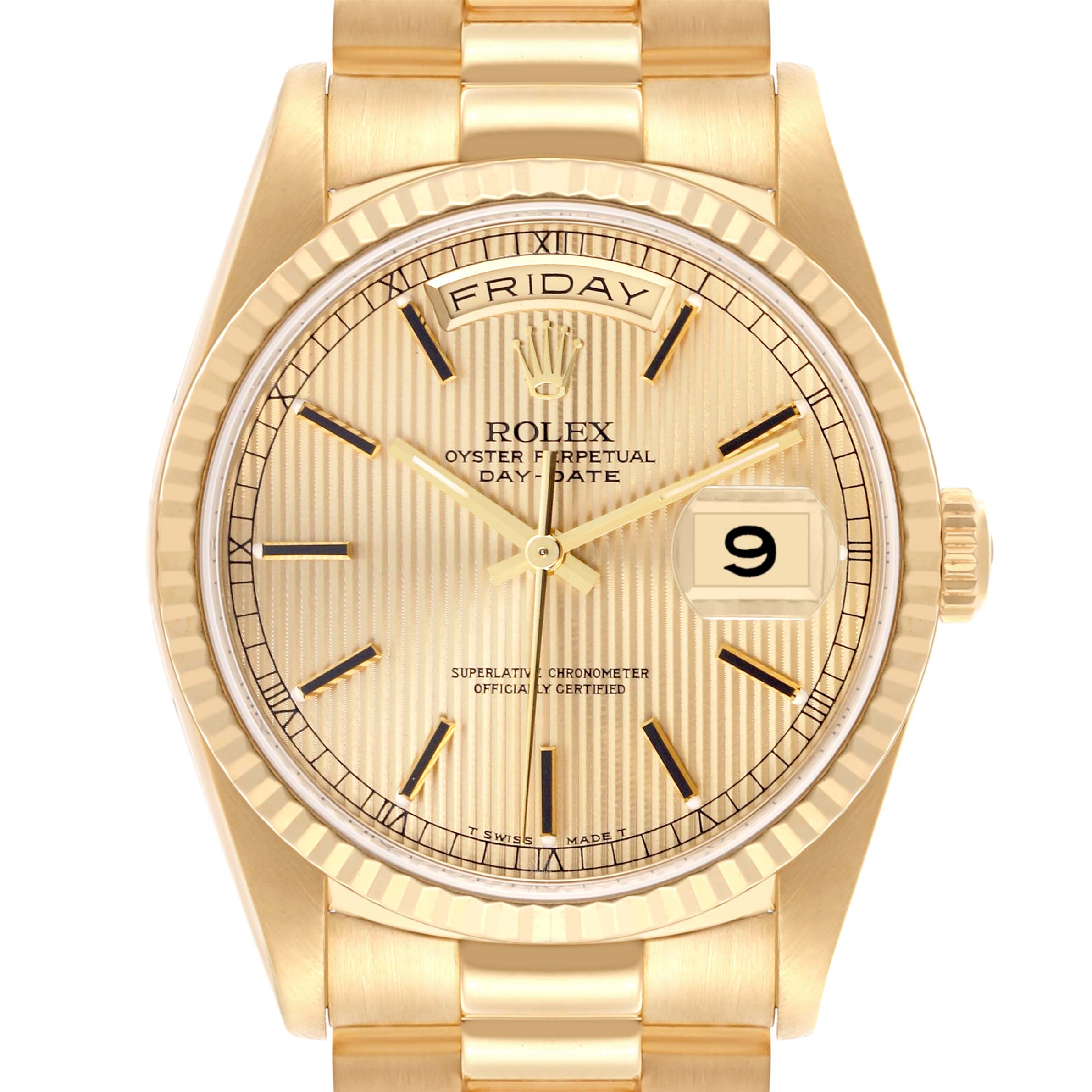 The Rolex President 18238 Men
s Yellow Gold Champagne Dial 18238 Men
s Yellow Gold Champagne Dial model is shown from a front angle, highlighting the dial, bezel, and part of the bracelet.