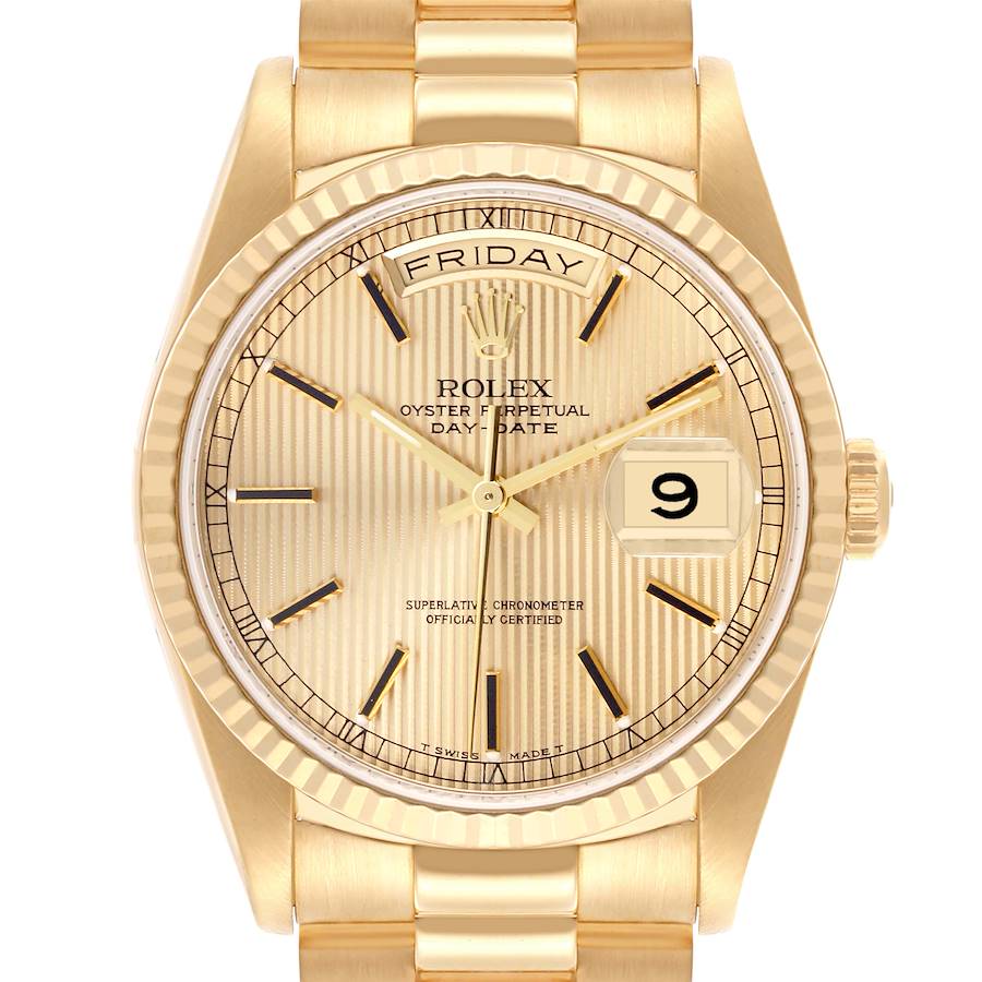 The Rolex President model is shown from a front angle, highlighting the dial, bezel, and part of the bracelet.