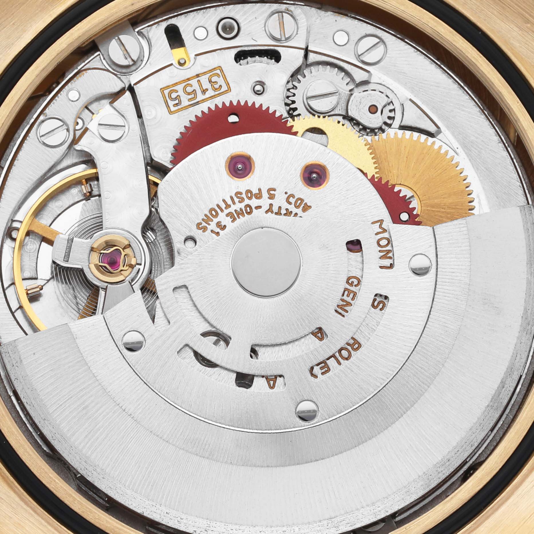 The image shows the movement mechanism of a Rolex President 18238 Men
s Yellow Gold Champagne Dial 18238 Men
s Yellow Gold Champagne Dial model watch from a top view, highlighting gears and intricate components.