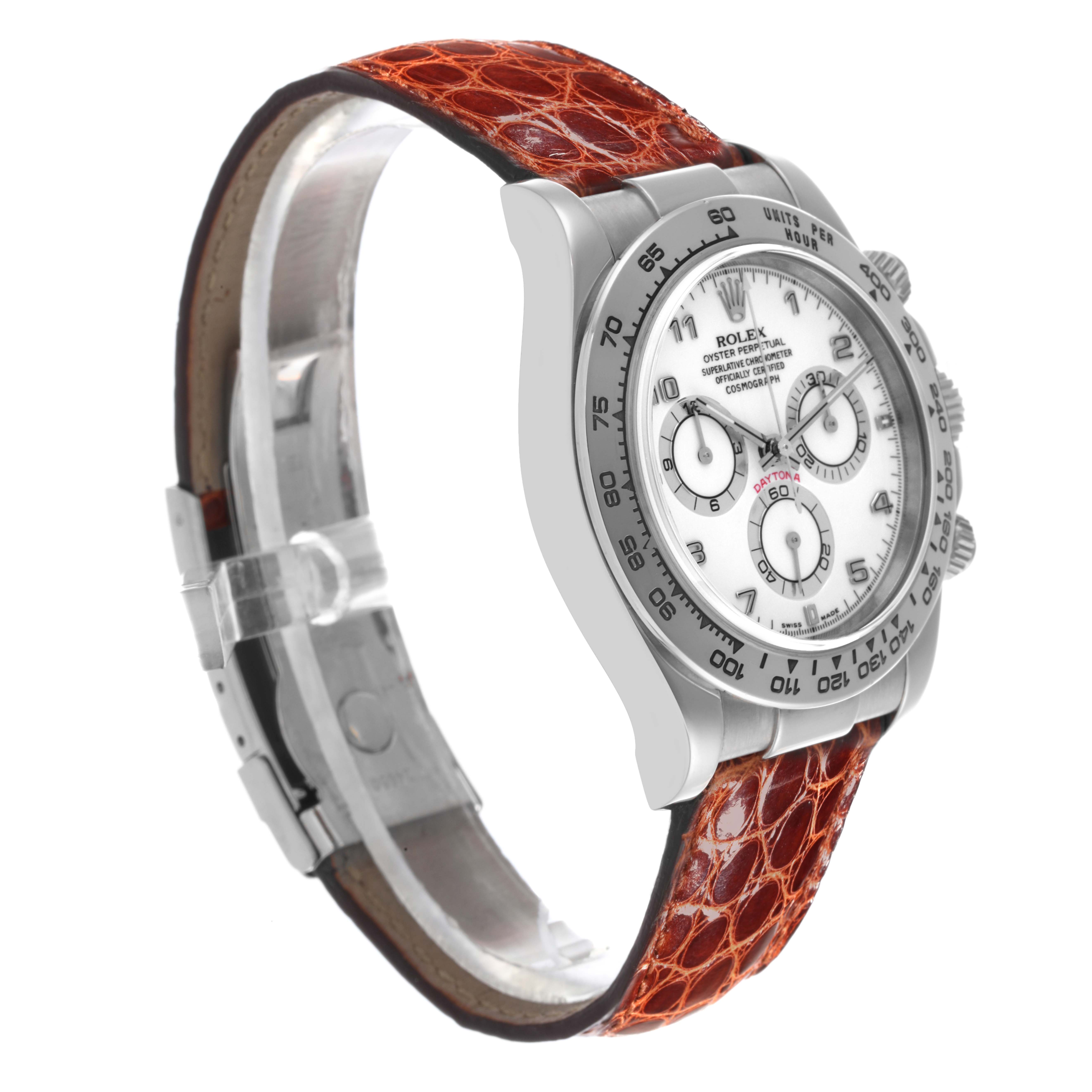 The Rolex Daytona 116519 Men's White Gold White Dial 116519 Men's White Gold White Dial watch is shown at a side angle, highlighting the case, dial, and leather strap.