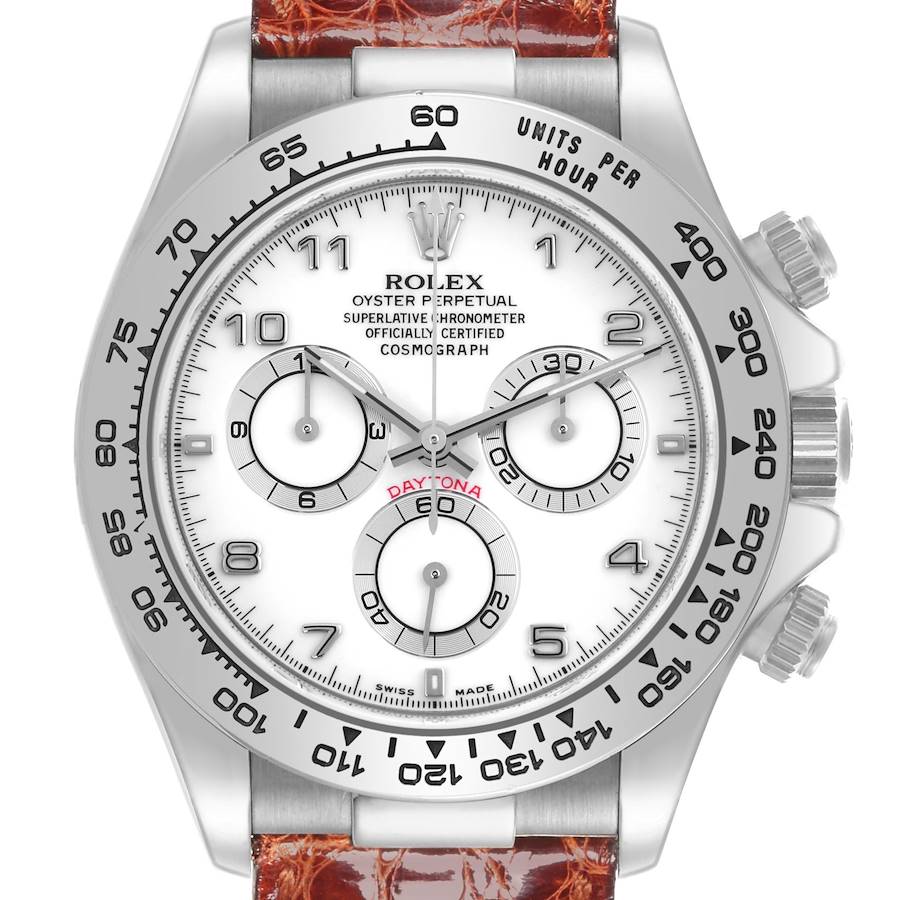 The image shows a frontal view of a Rolex Daytona watch, highlighting the face, bezel, and part of the strap.