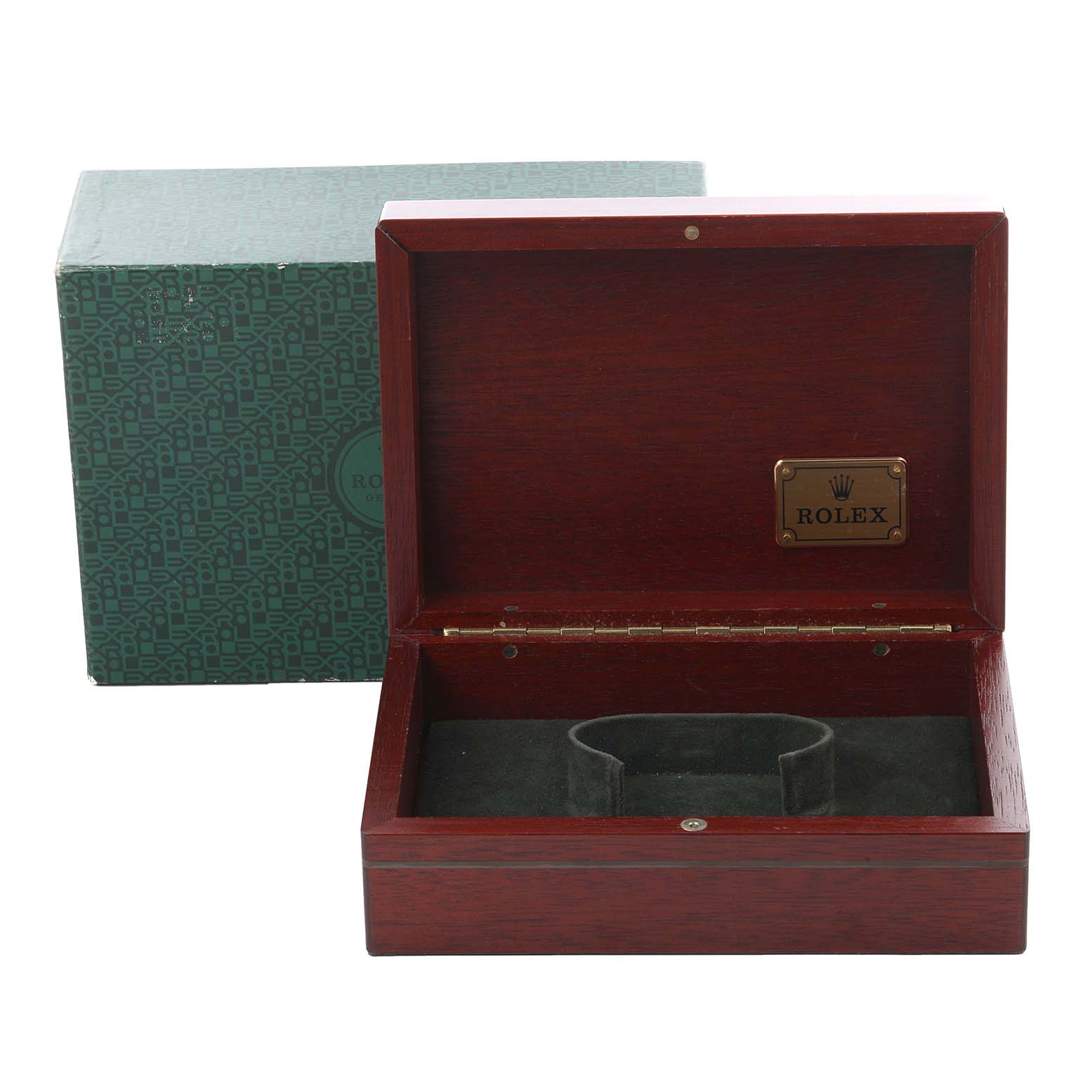 This image shows an open Rolex Daytona 116519 Men's White Gold White Dial 116519 Men's White Gold White Dial watch box at an angle, with a visible green outer box.