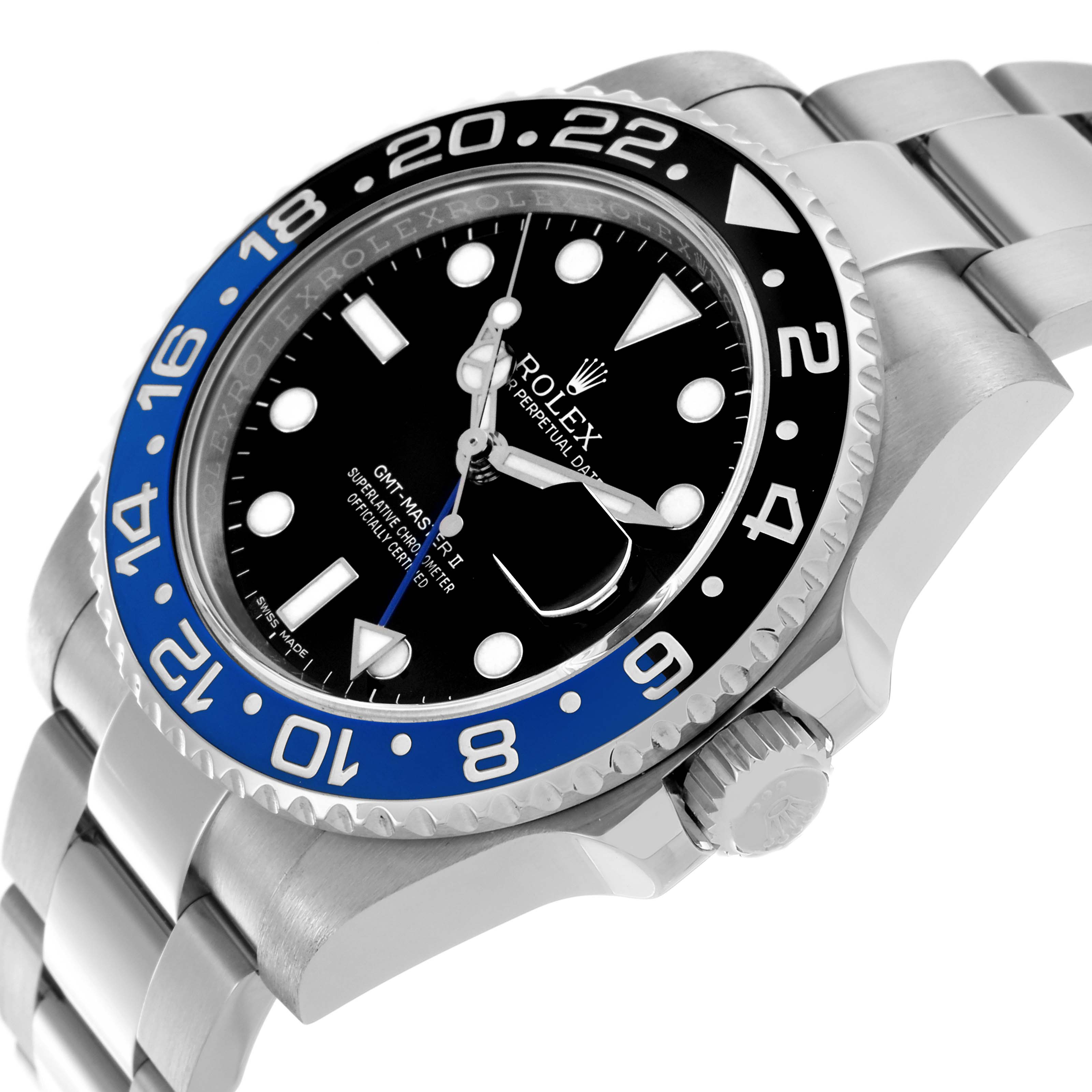The Rolex GMT-Master 116710BLNR Men
s Stainless Steel Black Dial 116710BLNR Men
s Stainless Steel Black Dial watch is shown from a side angle, displaying the face, bezel, crown, and bracelet.