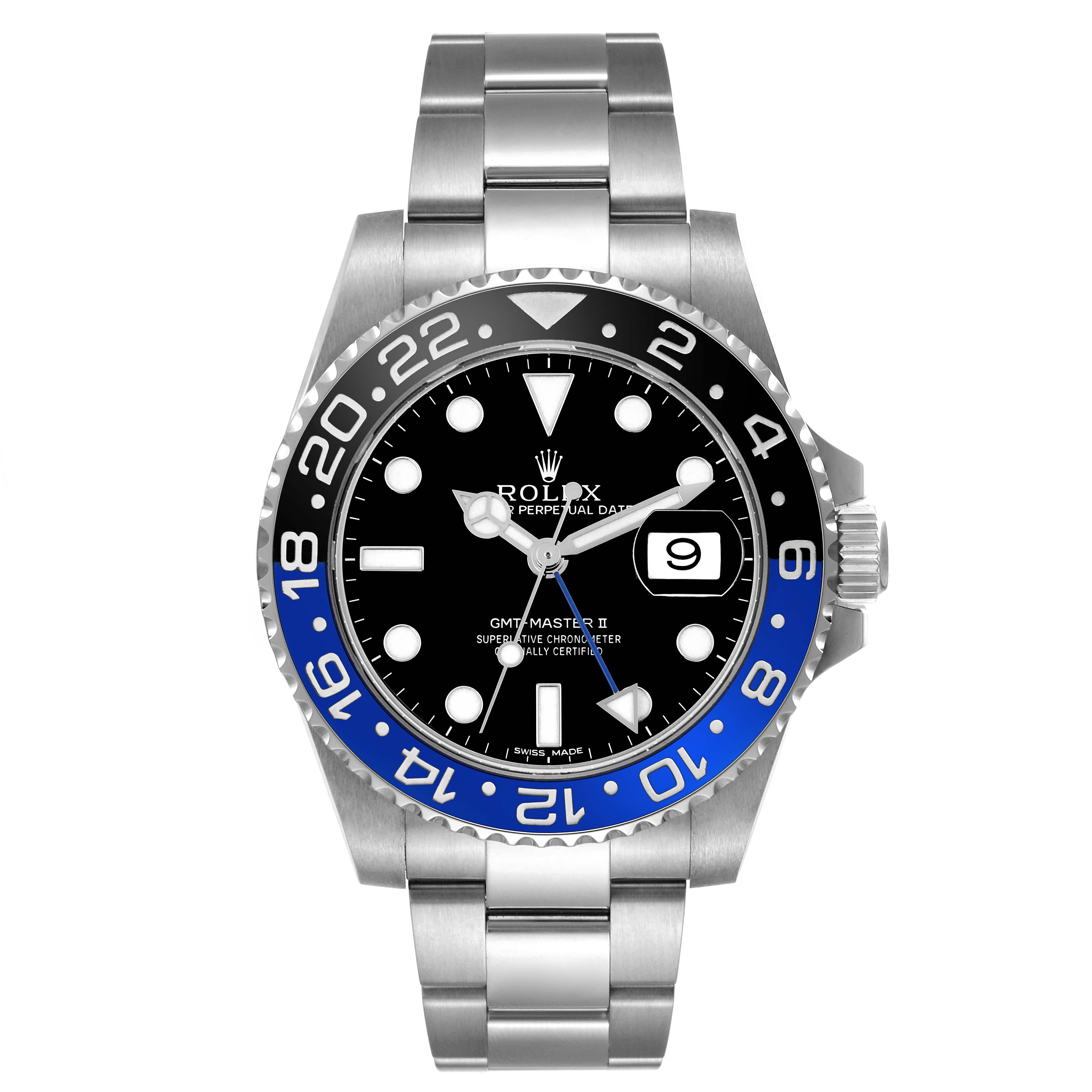 The Rolex GMT-Master 116710BLNR Men
s Stainless Steel Black Dial 116710BLNR Men
s Stainless Steel Black Dial II is shown from a front angle, displaying its bezel, dial, crown, and bracelet.