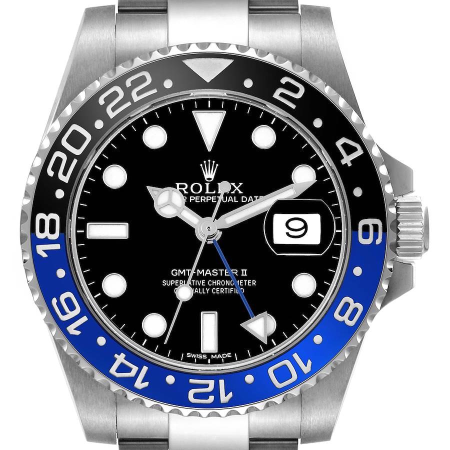 The Rolex GMT-Master watch is shown from a front angle, highlighting the bezel, dial, and partial bracelet.