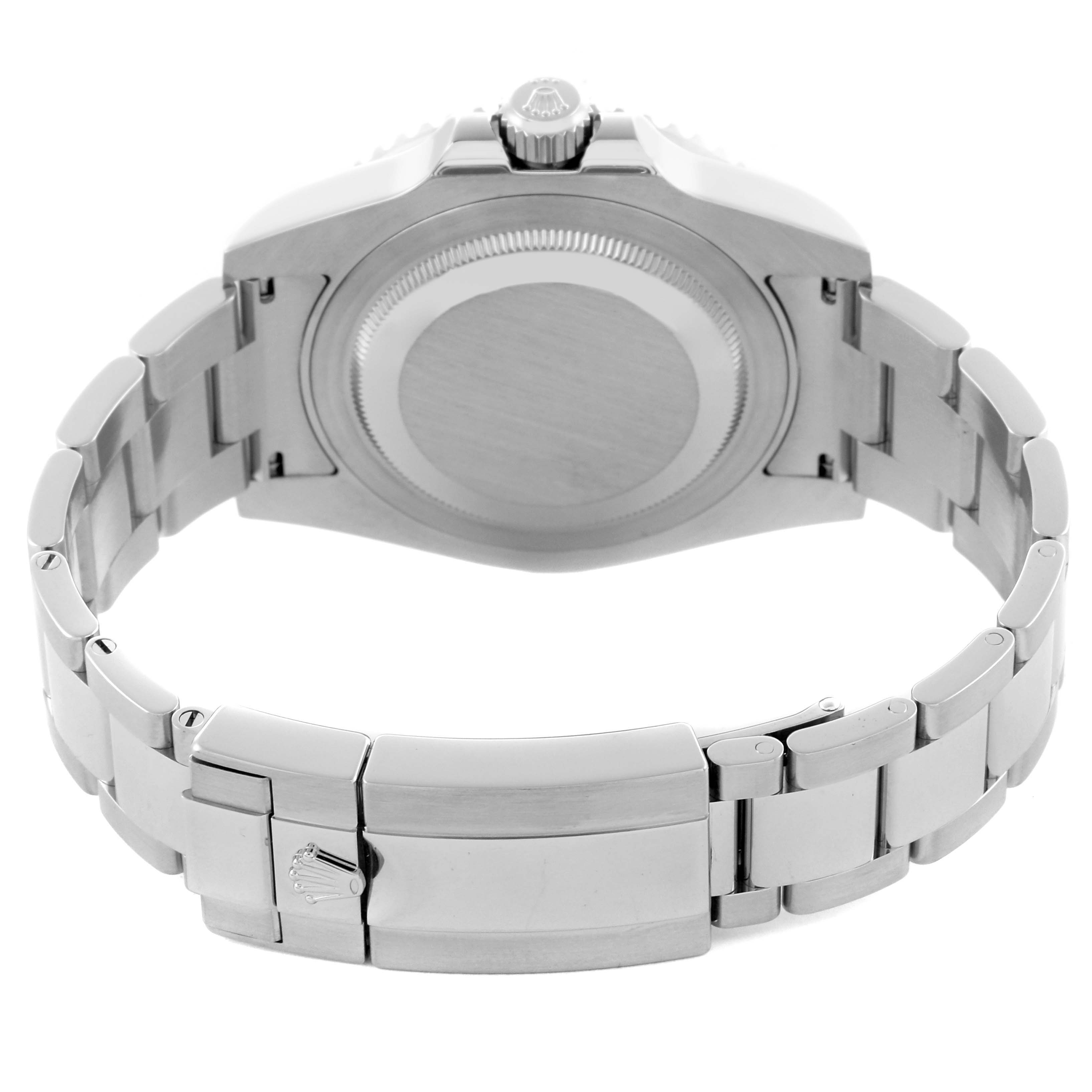 The Rolex GMT-Master 116710BLNR Men
s Stainless Steel Black Dial 116710BLNR Men
s Stainless Steel Black Dial watch is shown from the back, highlighting the case back and bracelet clasp.