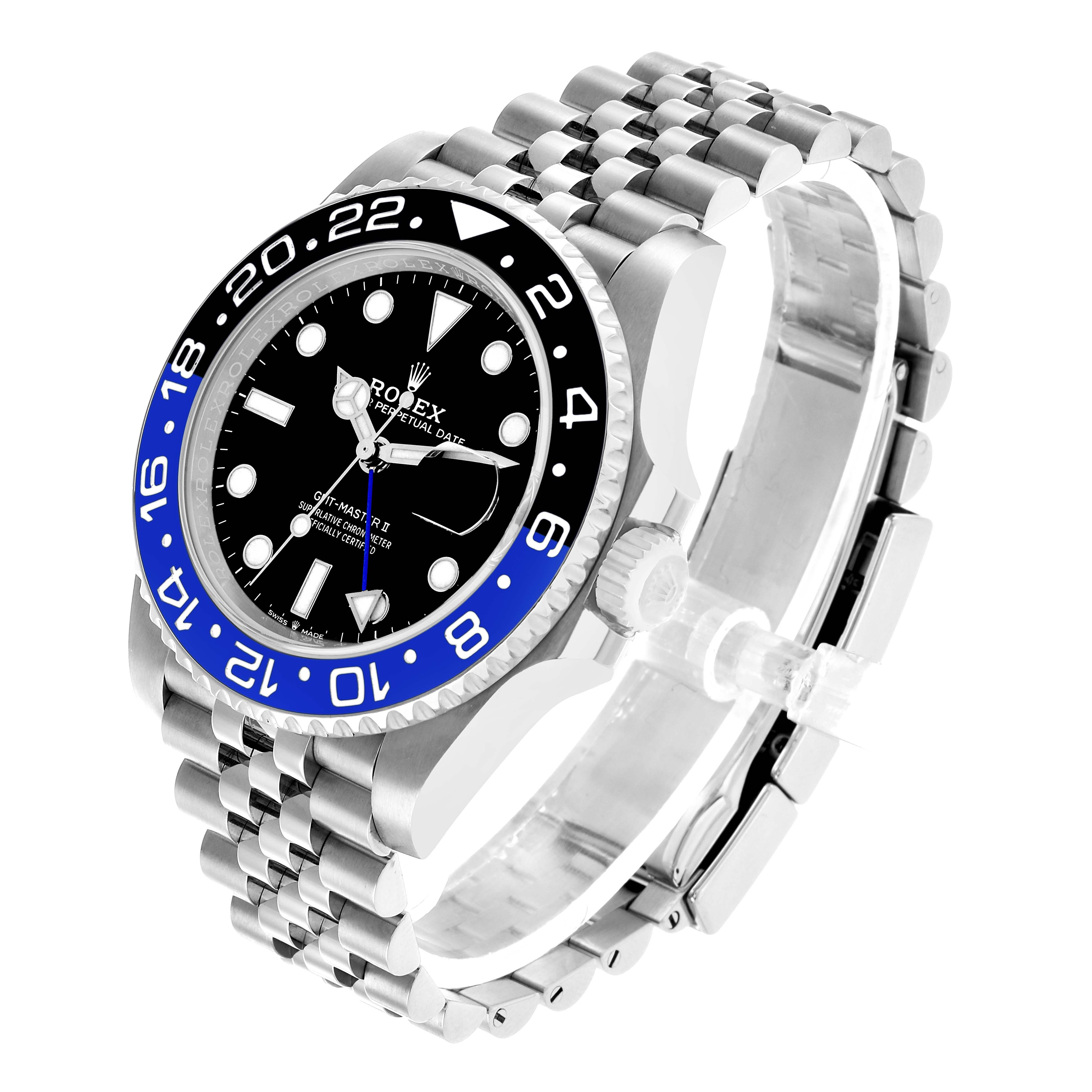 The Rolex GMT-Master 126710BLNR Men's Stainless Steel Black Dial watch is shown at an angled view, displaying the dial, bezel, crown, and bracelet.