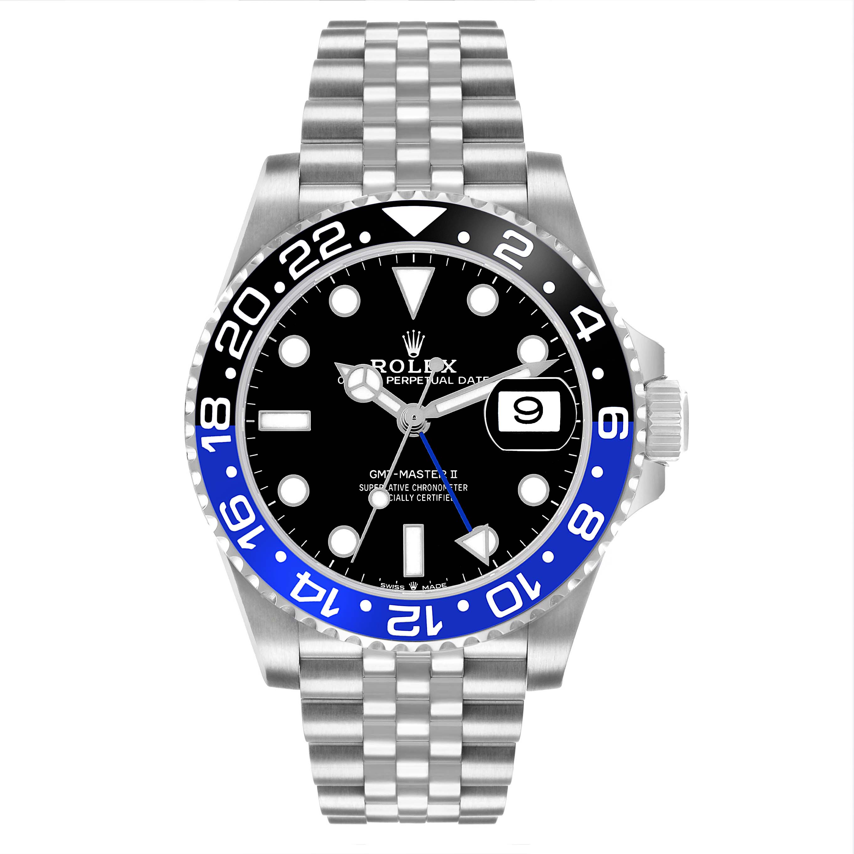 The Rolex GMT-Master 126710BLNR Men's Stainless Steel Black Dial is shown from a top-down view, displaying its bezel, dial, and Jubilee bracelet.
