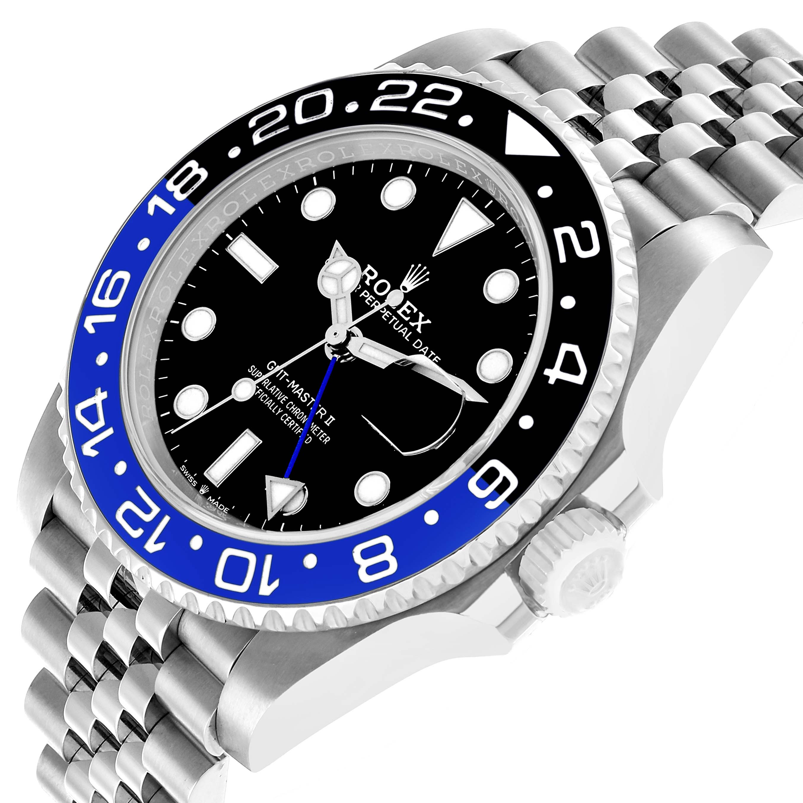 The Rolex GMT-Master 126710BLNR Men's Stainless Steel Black Dial watch is shown at an angled side view, highlighting the bezel, crown, and bracelet.
